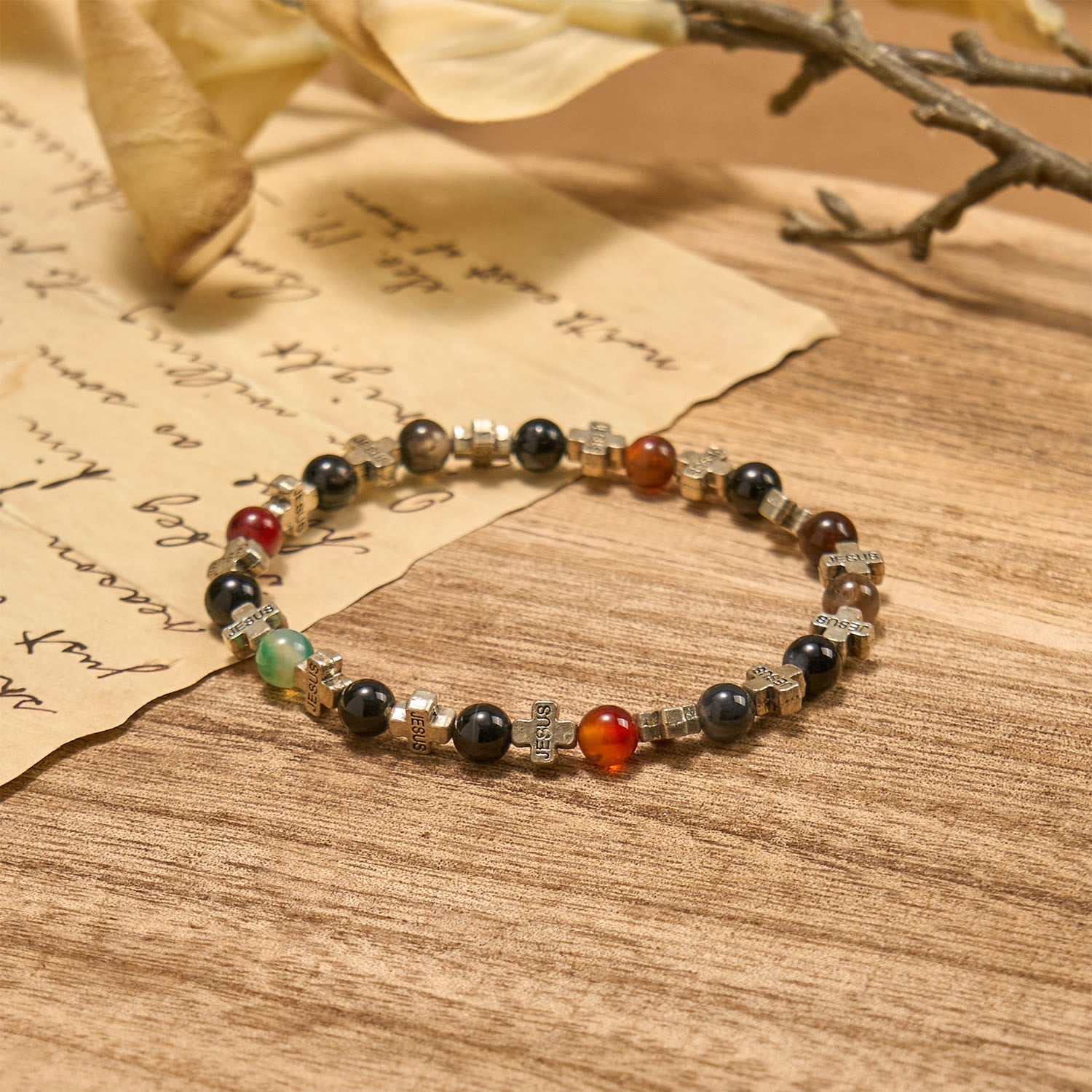 FREE Today: Natural Multicolored Agate Bracelet with Two Tone Jesus Cross: Bold Faith Statement