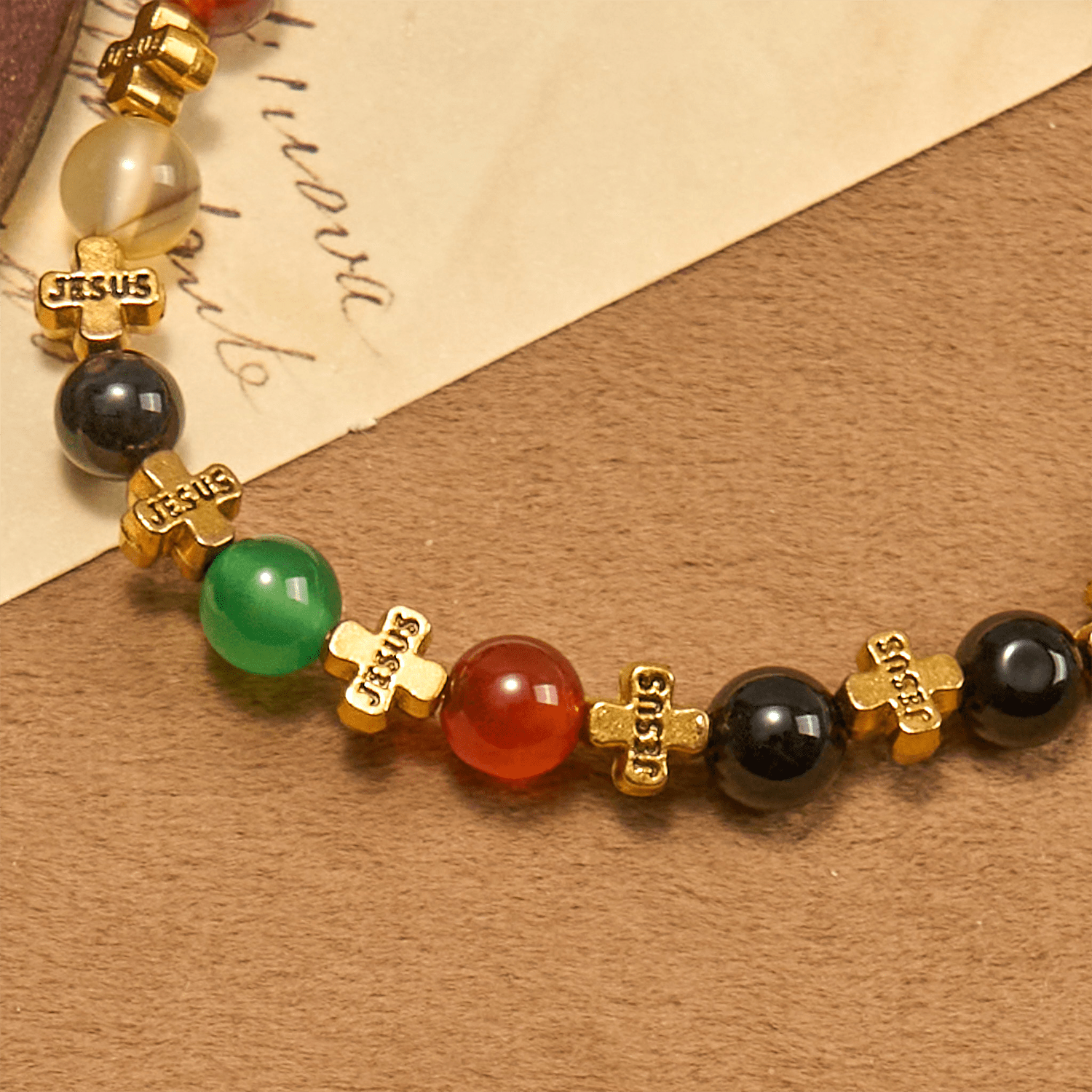 FREE Today: Natural Multicolored Agate Bracelet with Two Tone Jesus Cross: Bold Faith Statement