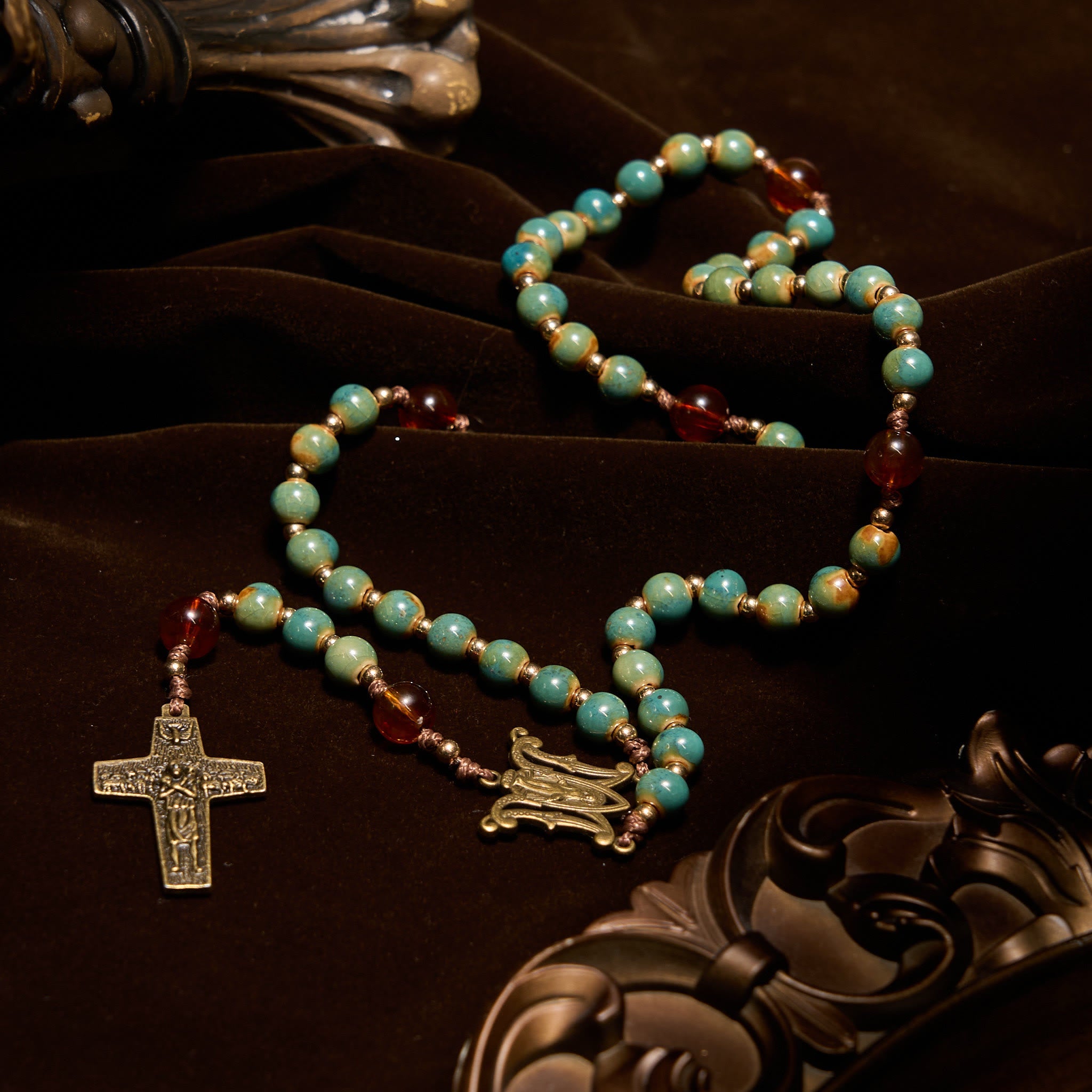 christiandiscipleshop Handcrafted Green Ceramic Rosary with Miraculous Medal and Amber Beads: Feel Graceful Faith
