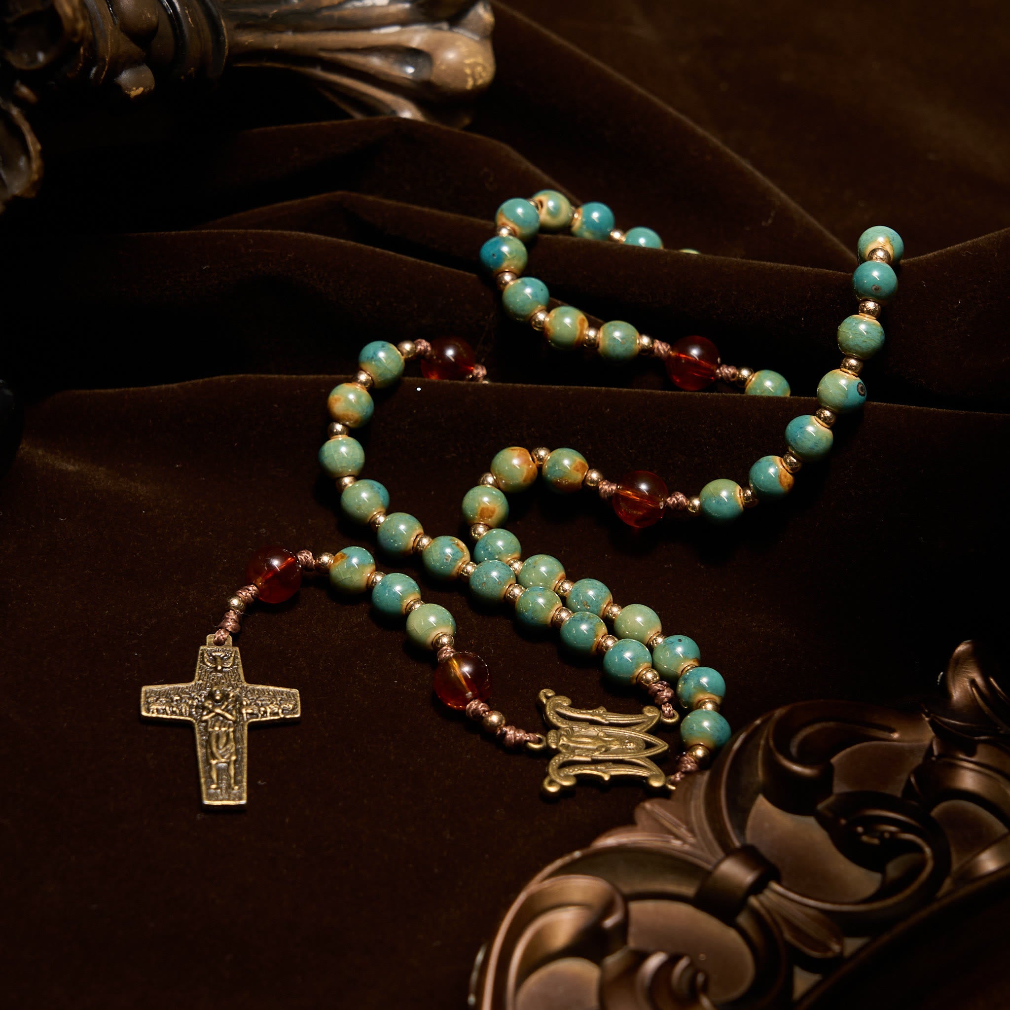 christiandiscipleshop Handcrafted Green Ceramic Rosary with Miraculous Medal and Amber Beads: Feel Graceful Faith