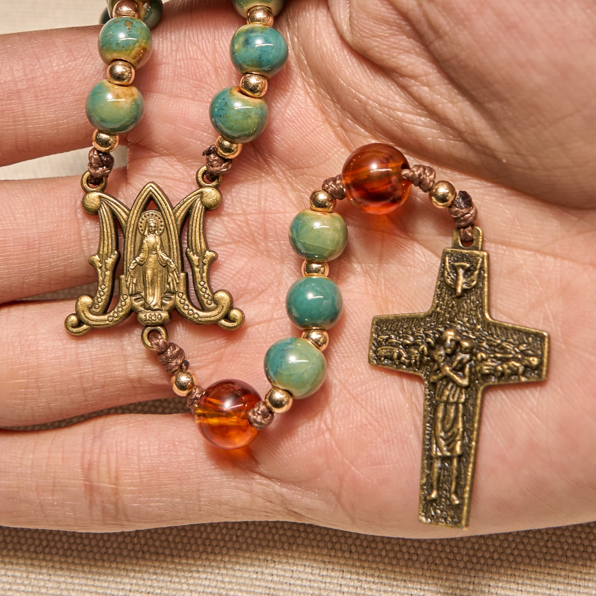 christiandiscipleshop Handcrafted Green Ceramic Rosary with Miraculous Medal and Amber Beads: Feel Graceful Faith