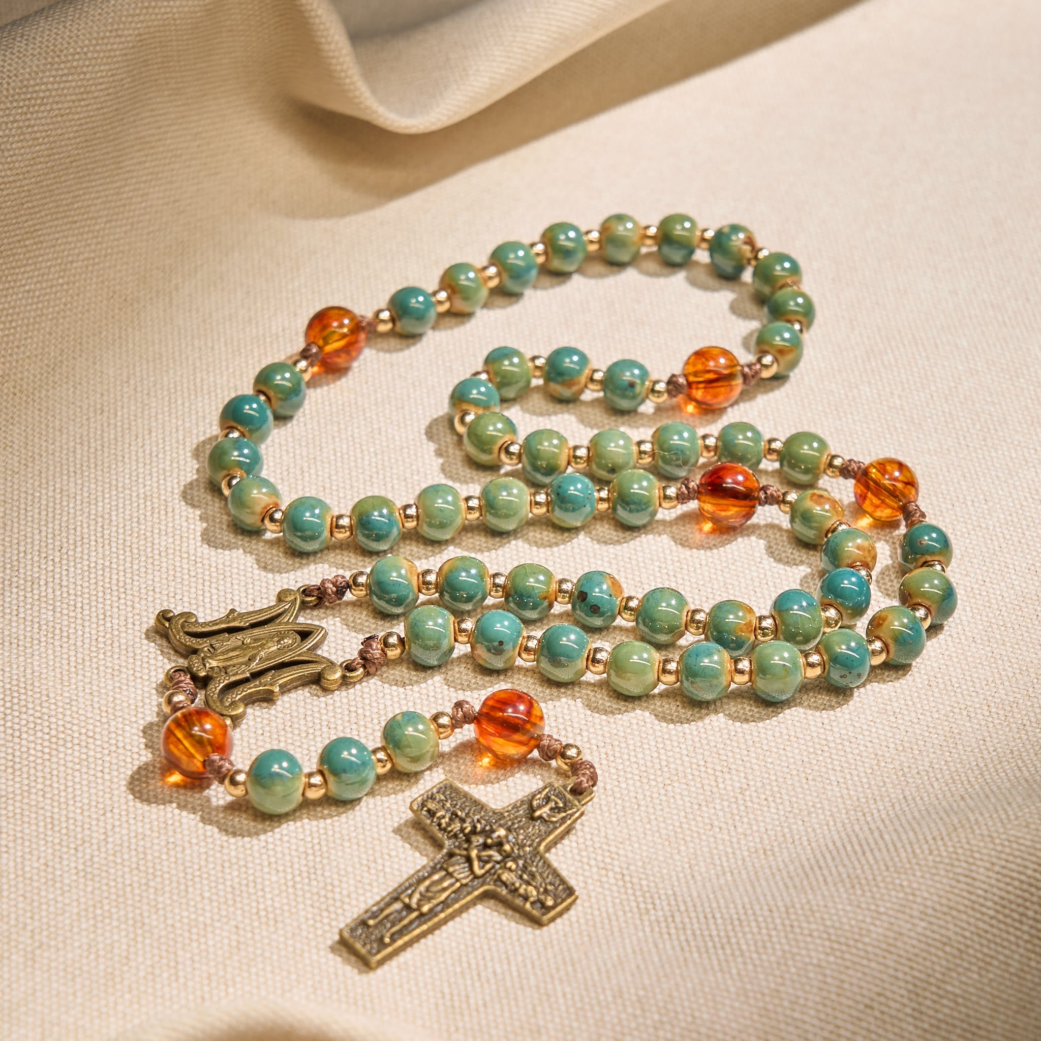 christiandiscipleshop Handcrafted Green Ceramic Rosary with Miraculous Medal and Amber Beads: Feel Graceful Faith