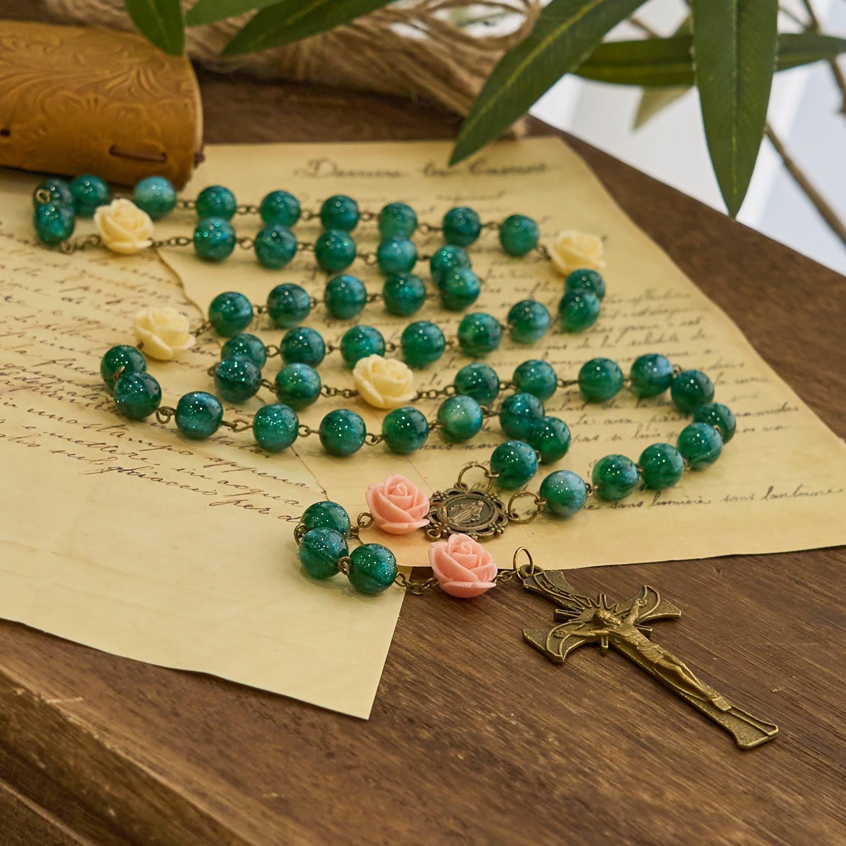 Christiandiscipleshop Green Shiny Beads & Flower Rose Rosary with Bronze Virgin Mary Medal & Crucifix