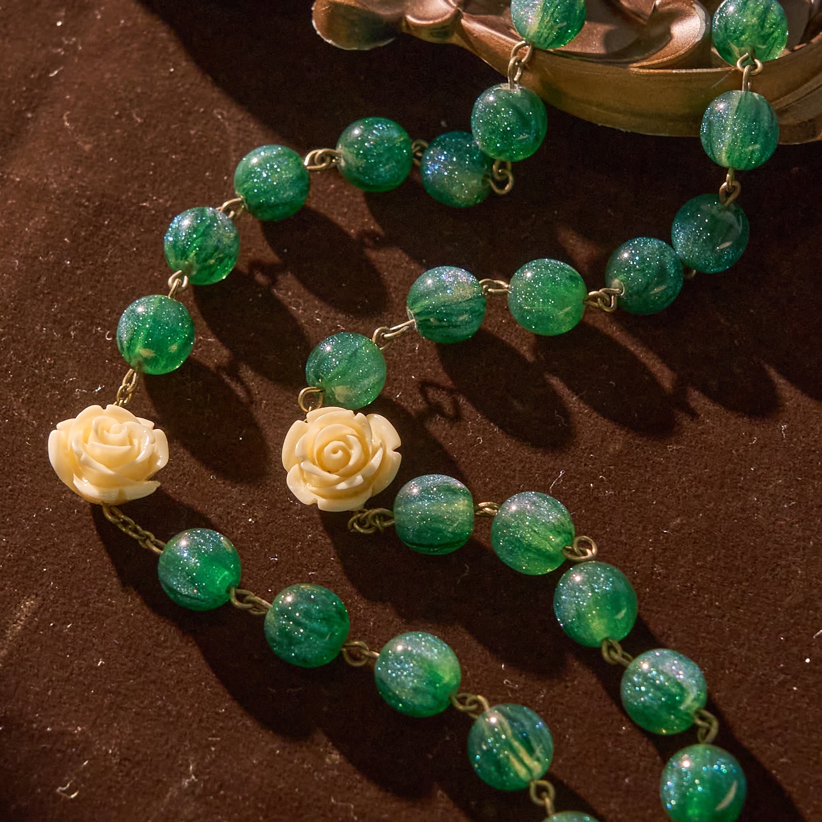 Christiandiscipleshop Green Shiny Beads & Flower Rose Rosary with Bronze Virgin Mary Medal & Crucifix