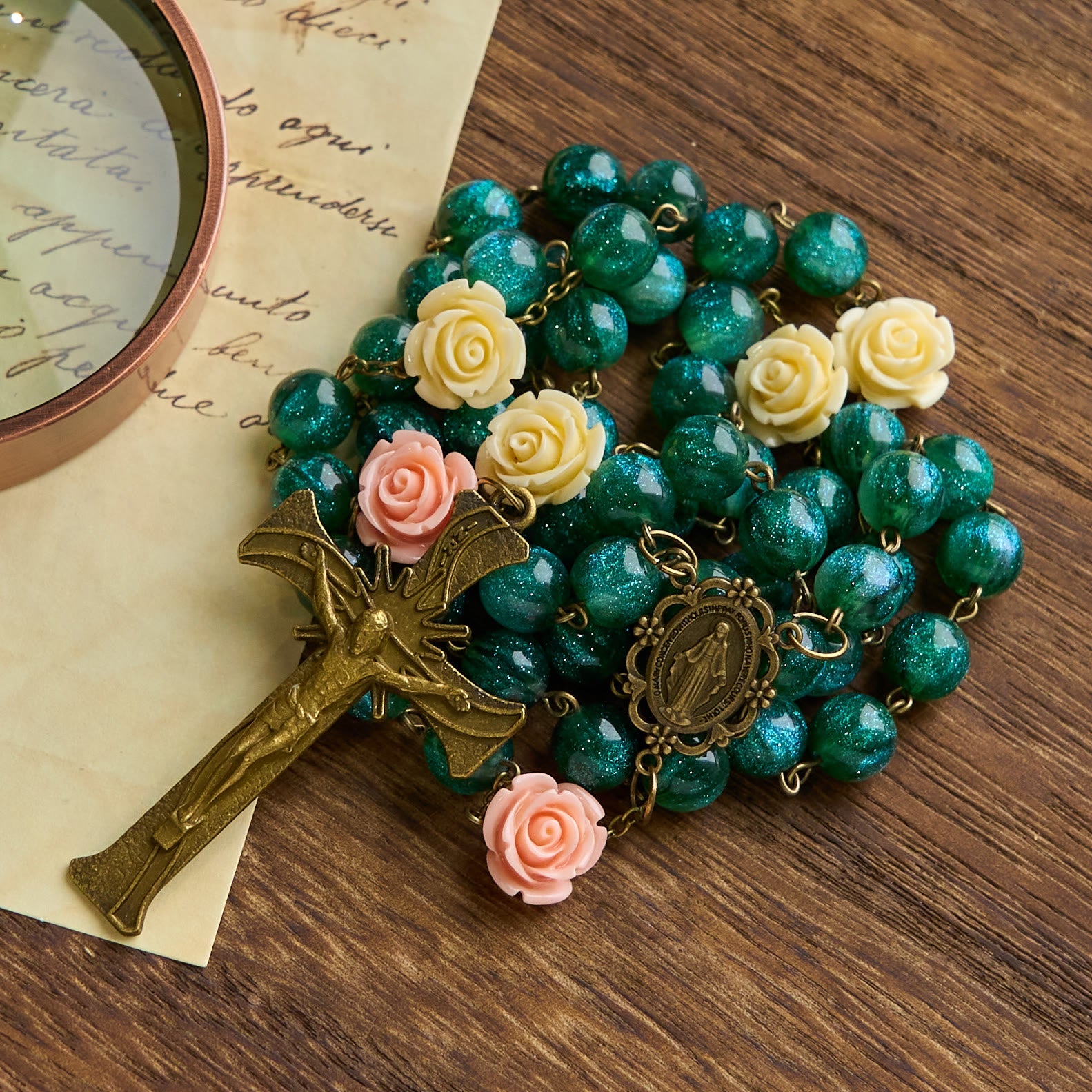 Christiandiscipleshop Green Shiny Beads & Flower Rose Rosary with Bronze Virgin Mary Medal & Crucifix