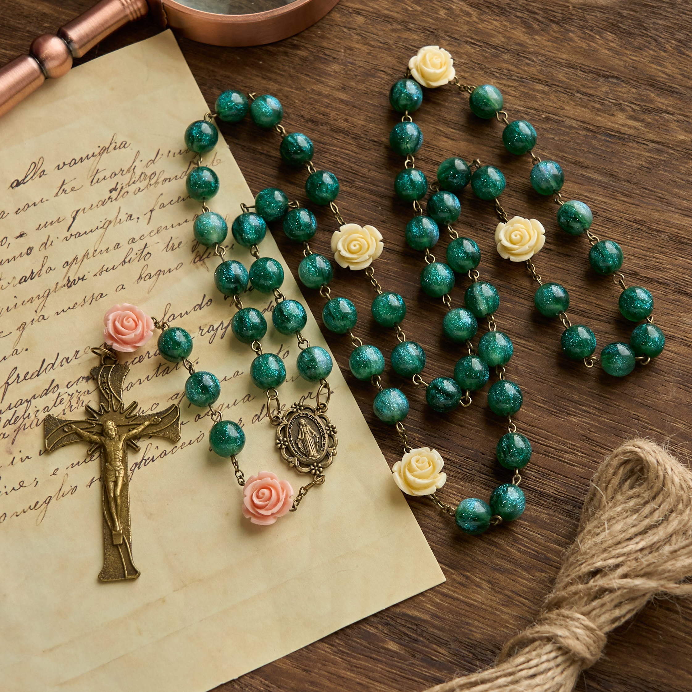 Christiandiscipleshop Green Shiny Beads & Flower Rose Rosary with Bronze Virgin Mary Medal & Crucifix