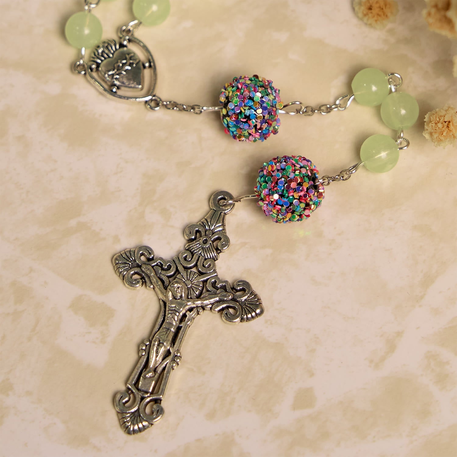 christiandiscipleshop Luminous Light Green Beads and Multicolor Rhinestone Rosary with Metal Sacred Heart & Crucifix