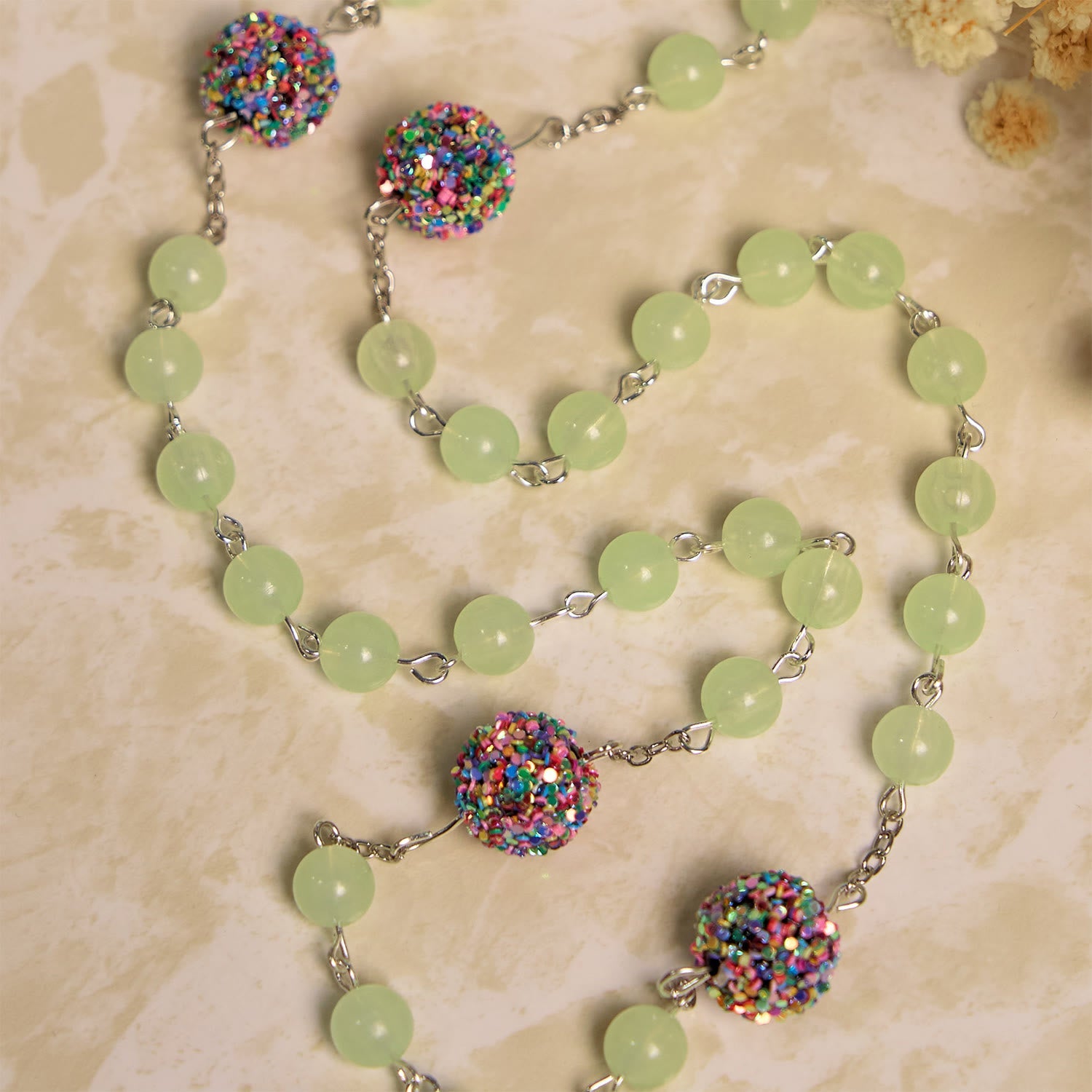 christiandiscipleshop Luminous Light Green Beads and Multicolor Rhinestone Rosary with Metal Sacred Heart & Crucifix