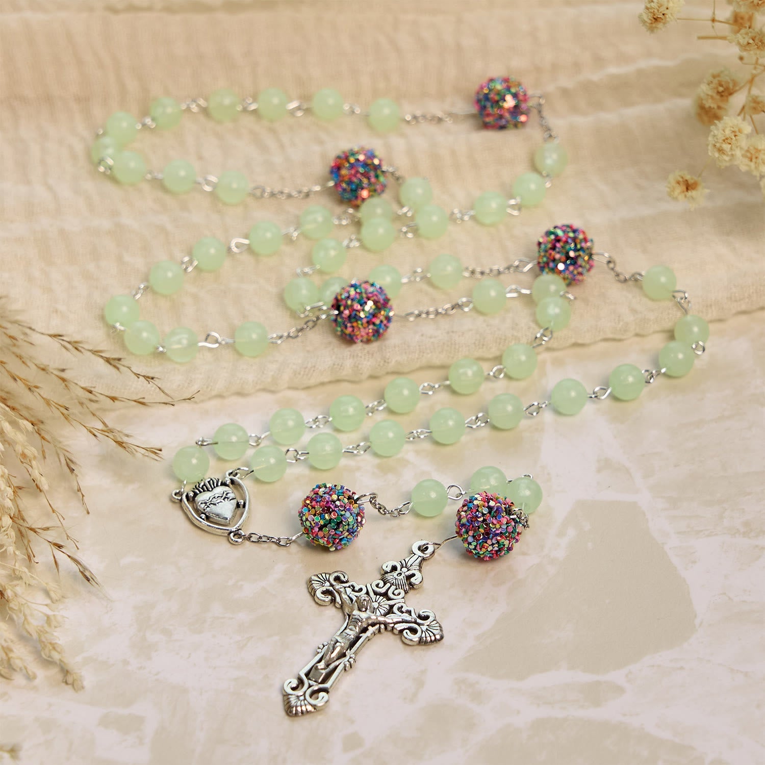 christiandiscipleshop Luminous Light Green Beads and Multicolor Rhinestone Rosary with Metal Sacred Heart & Crucifix
