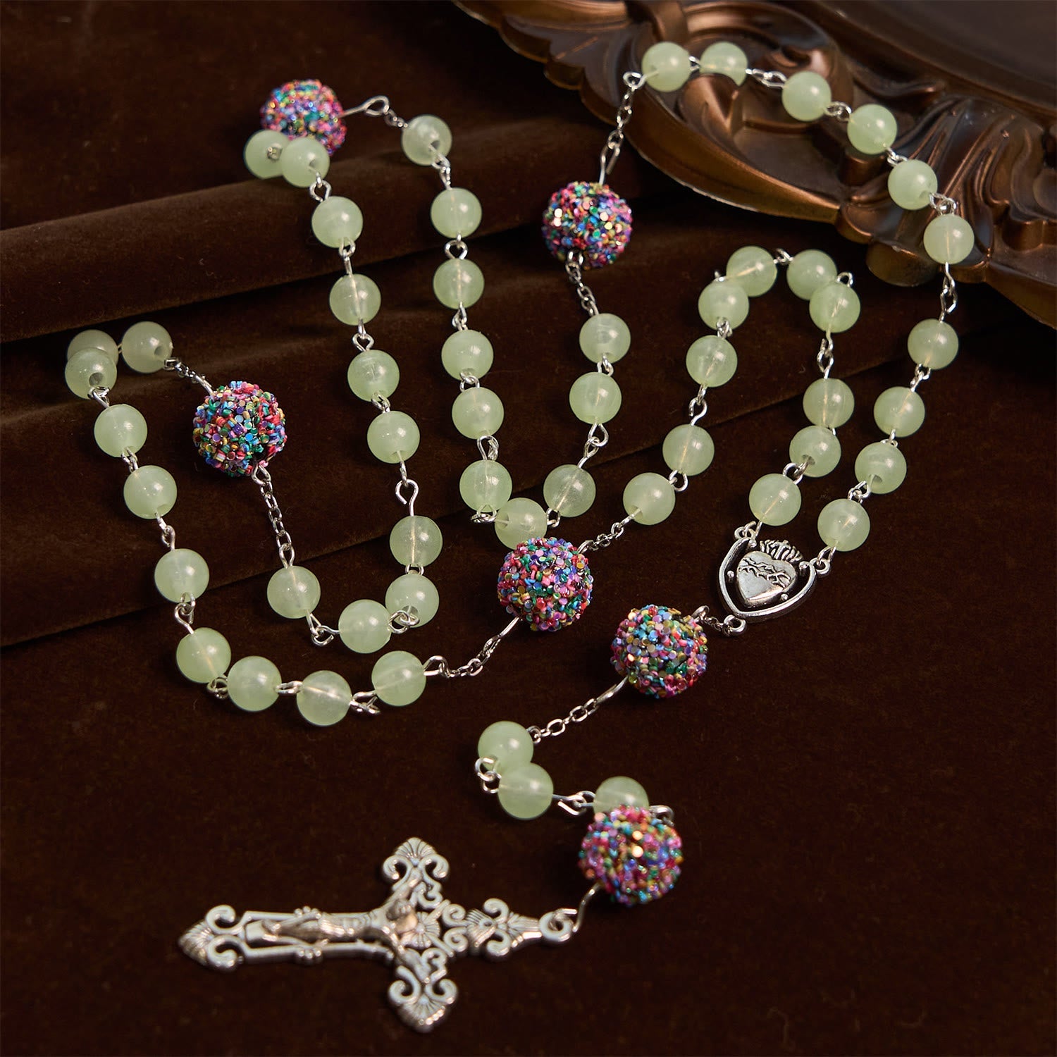 christiandiscipleshop Luminous Light Green Beads and Multicolor Rhinestone Rosary with Metal Sacred Heart & Crucifix
