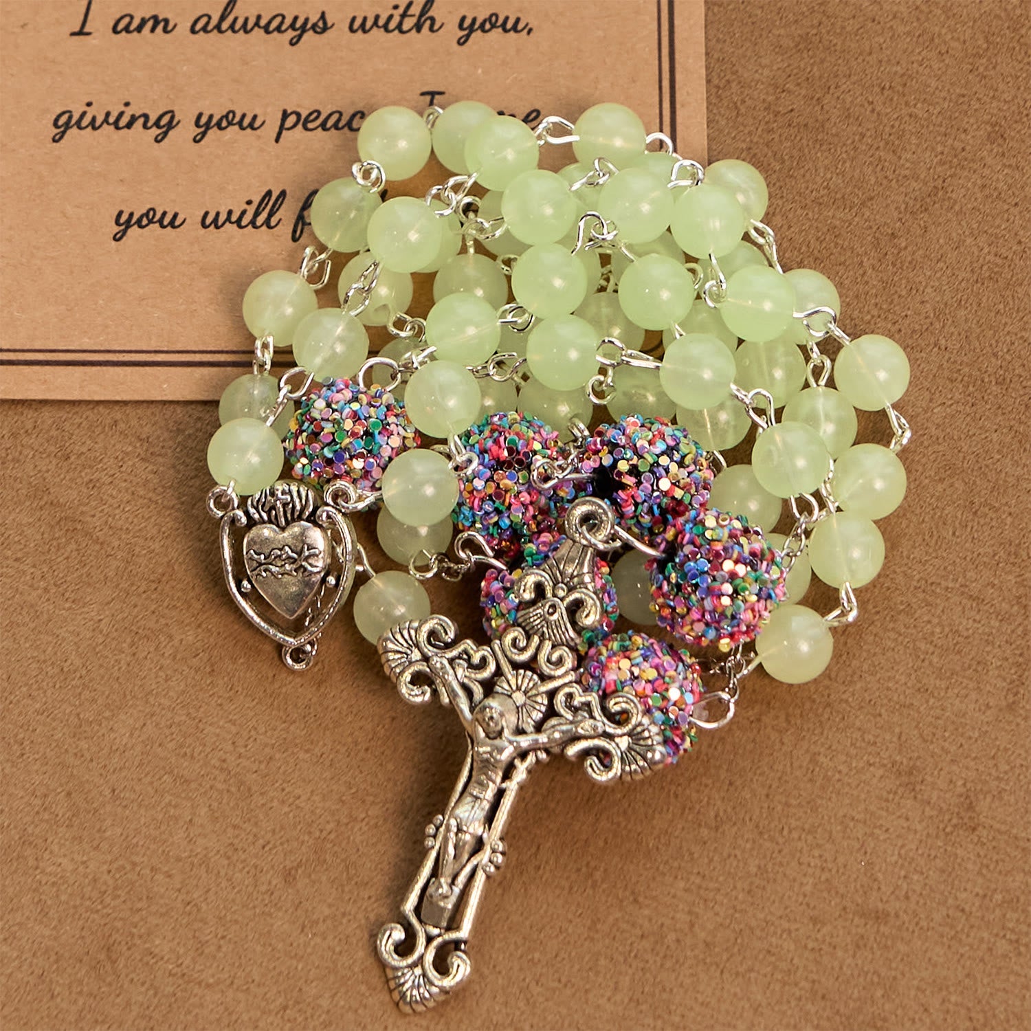 christiandiscipleshop Luminous Light Green Beads and Multicolor Rhinestone Rosary with Metal Sacred Heart & Crucifix