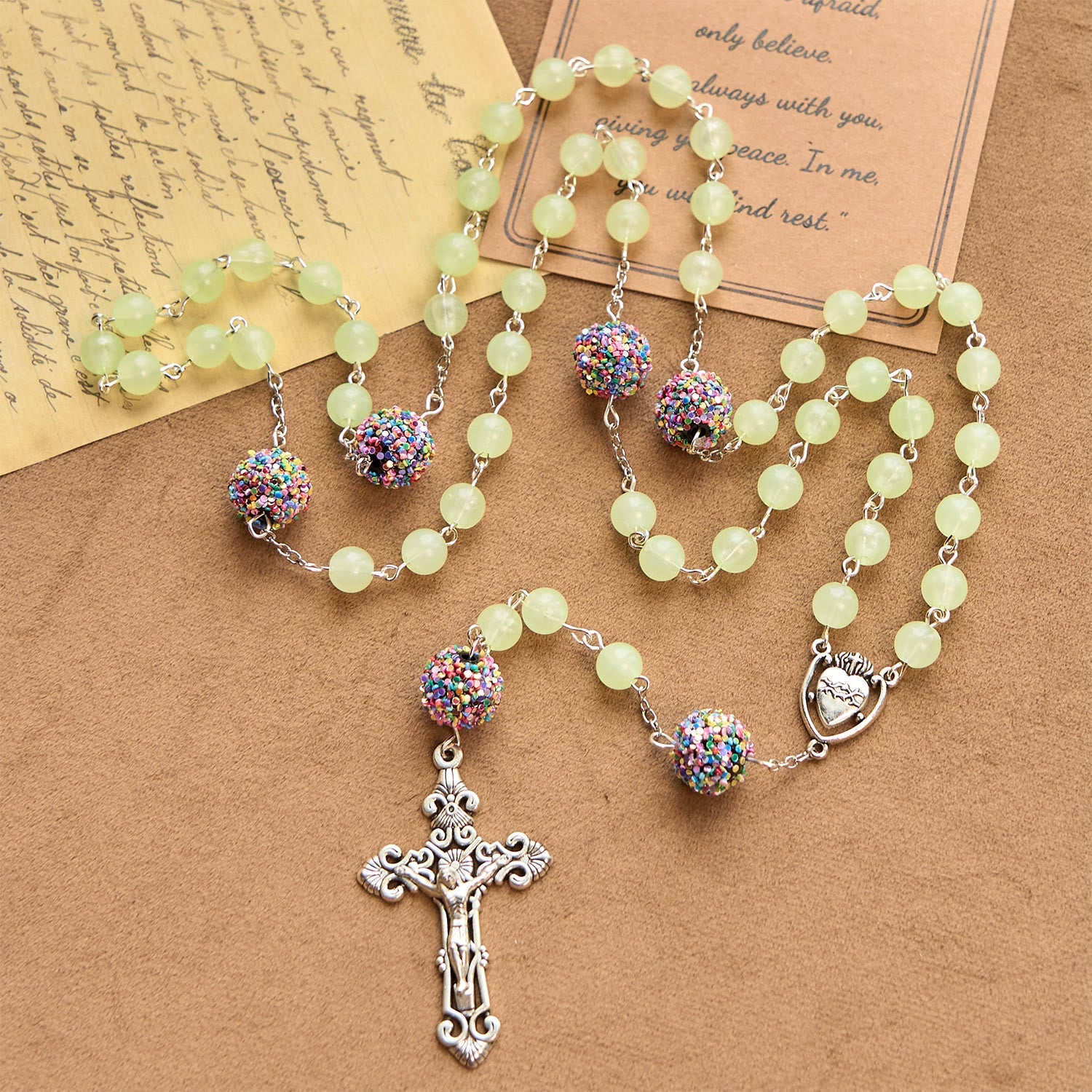 christiandiscipleshop Luminous Light Green Beads and Multicolor Rhinestone Rosary with Metal Sacred Heart & Crucifix