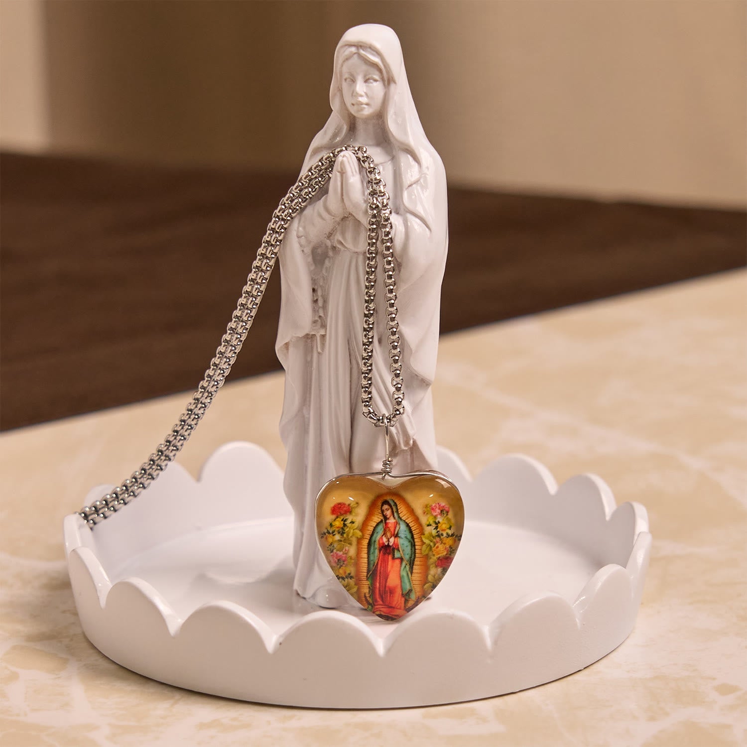 christiandiscipleshop Yellow Our Lady of Guadalupe Glow-in-the-Dark Heart Shaped Resin Medal Necklace
