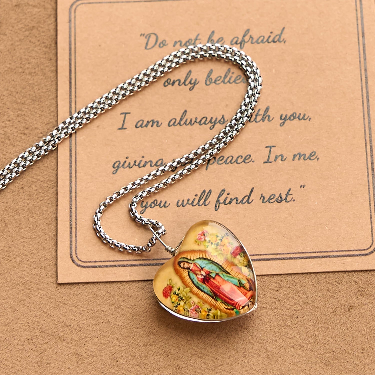 christiandiscipleshop Yellow Our Lady of Guadalupe Glow-in-the-Dark Heart Shaped Resin Medal Necklace