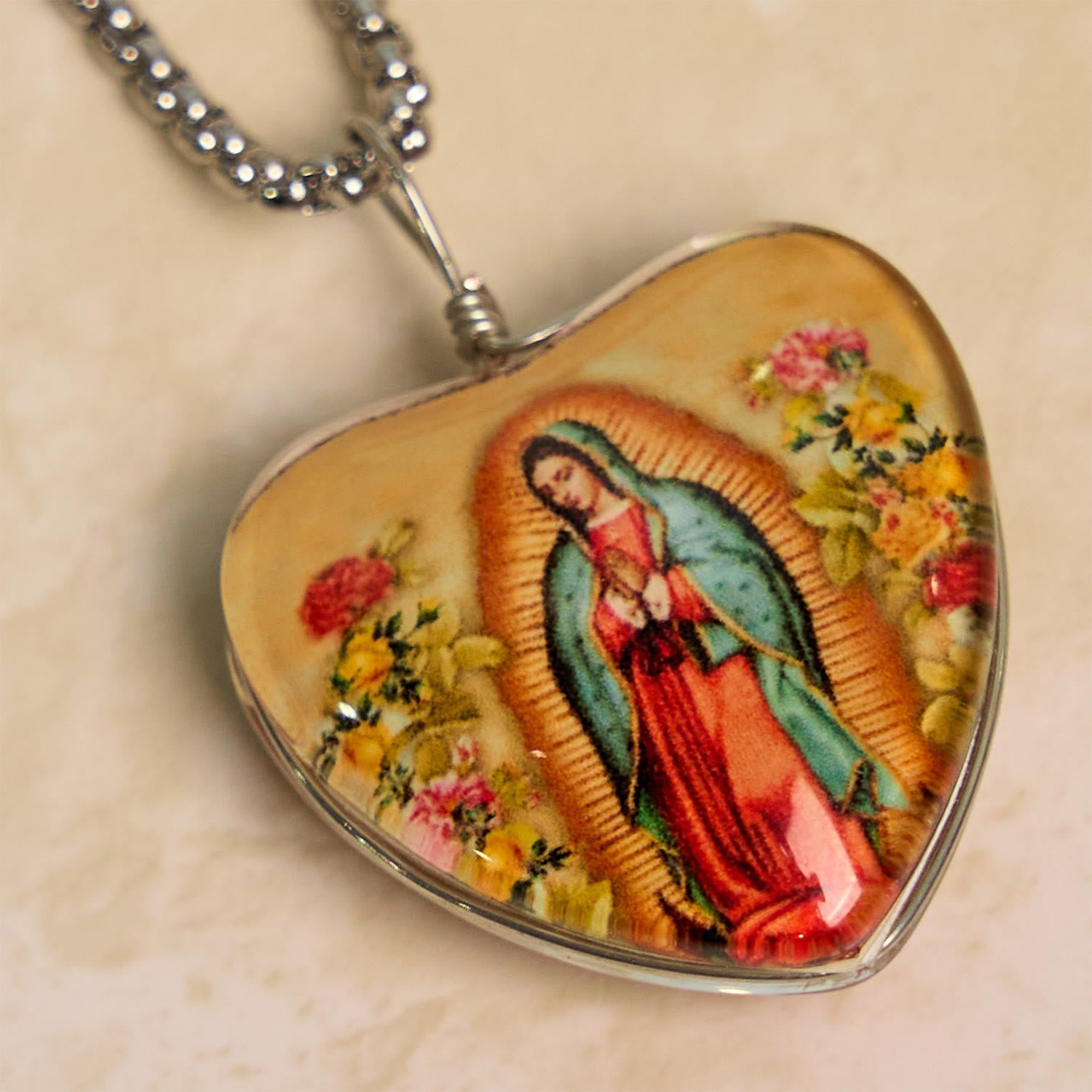 christiandiscipleshop Yellow Our Lady of Guadalupe Glow-in-the-Dark Heart Shaped Resin Medal Necklace