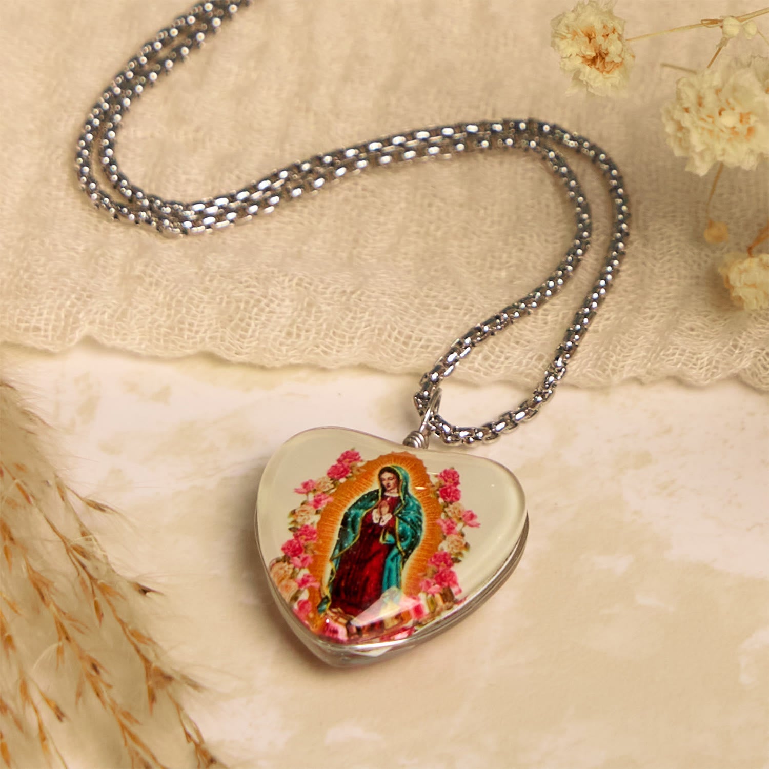 christiandiscipleshop White Our Lady of Guadalupe Glow-in-the-Dark Heart Shaped Resin Medal Necklace