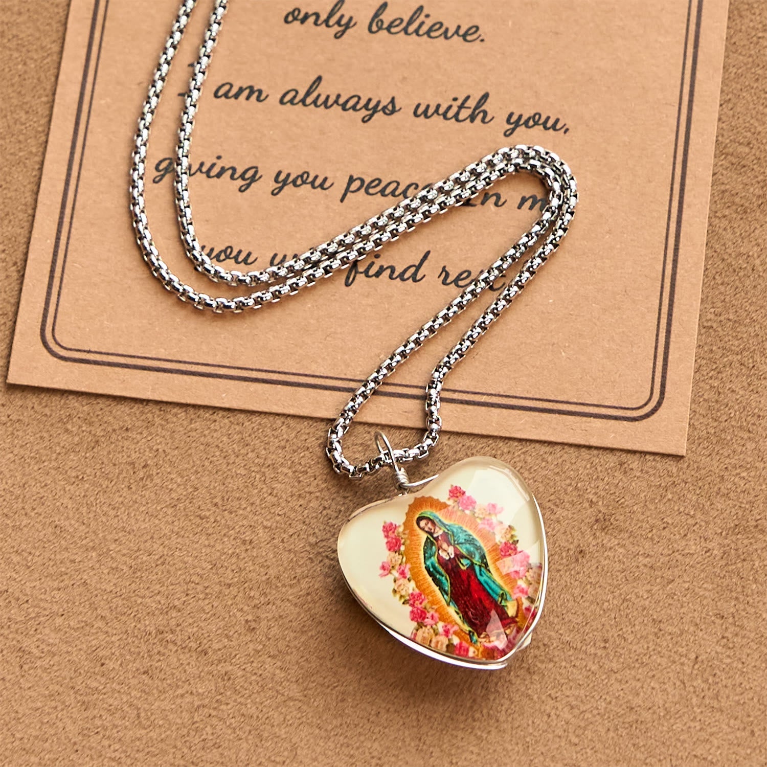 christiandiscipleshop White Our Lady of Guadalupe Glow-in-the-Dark Heart Shaped Resin Medal Necklace