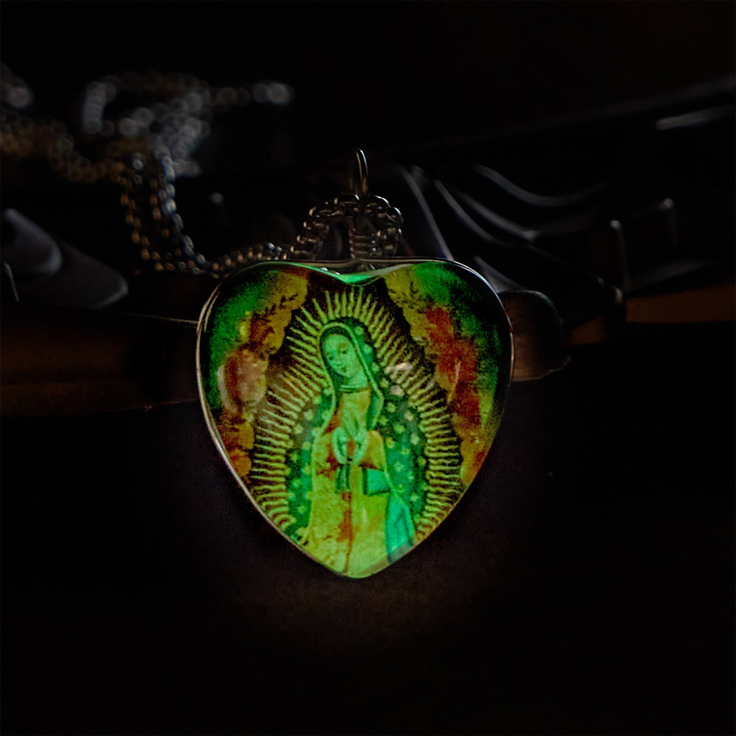 Christianartworkshop Black Our Lady of Guadalupe Glow-in-the-Dark Heart Shaped Resin Medal Necklace