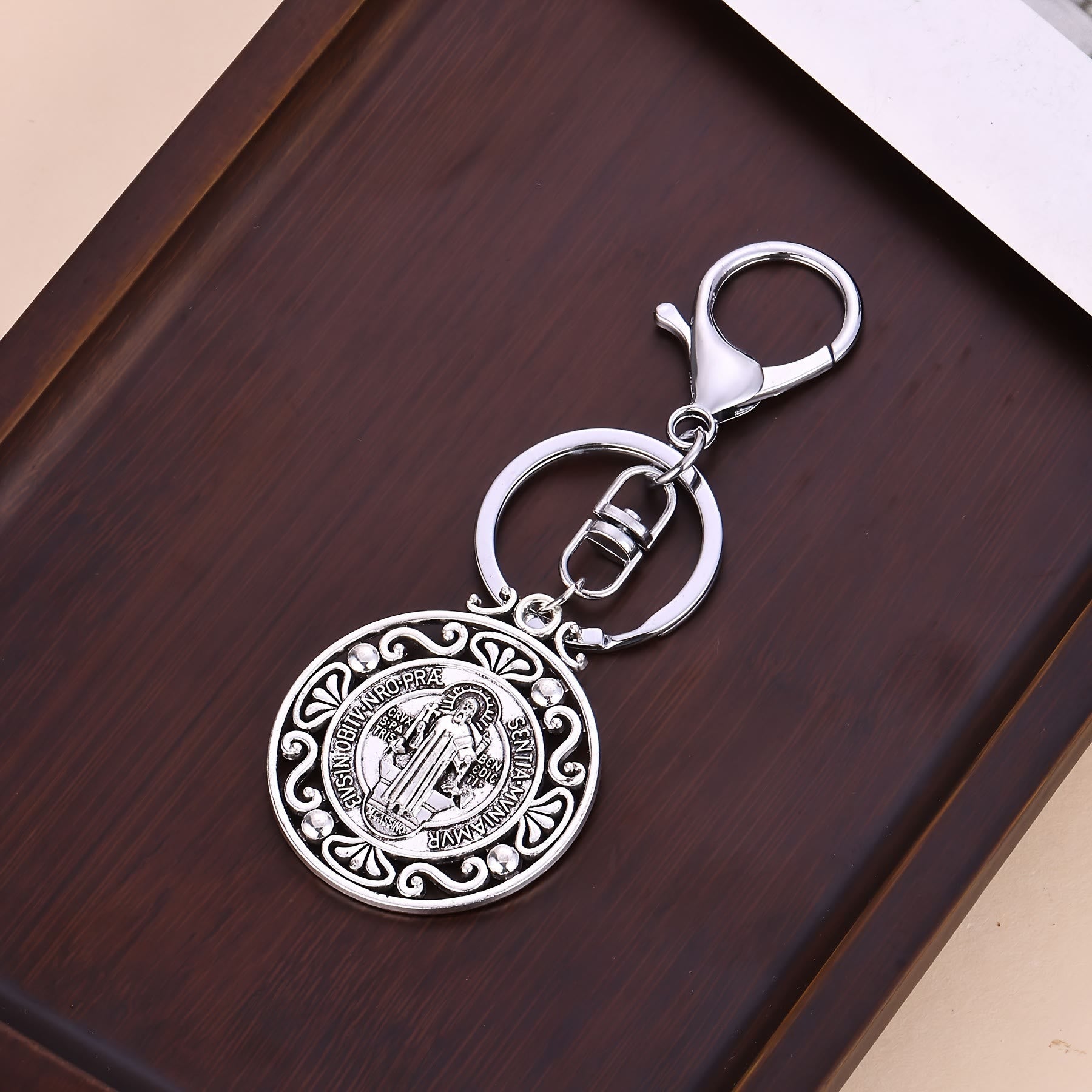 Christianartworkshop Artisanal Silver St. Benedict Keychain with Hollow-Out Design: Nostalgic Sign of Faithful Guardian