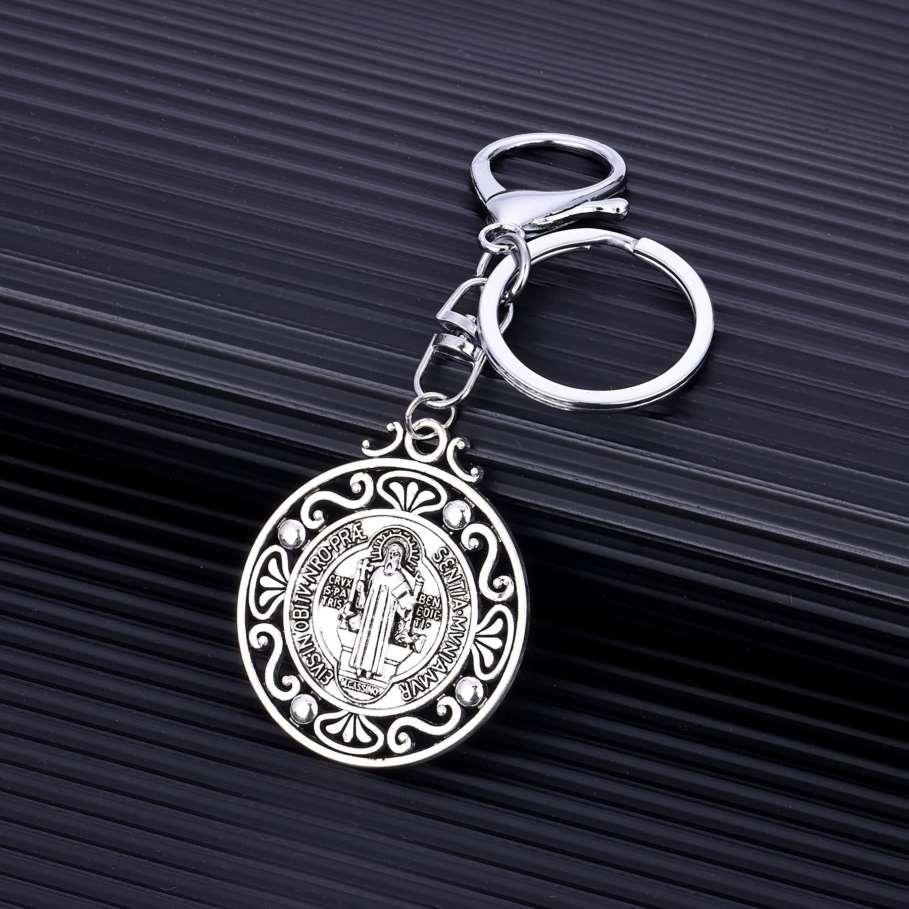 Christianartworkshop Artisanal Silver St. Benedict Keychain with Hollow-Out Design: Nostalgic Sign of Faithful Guardian