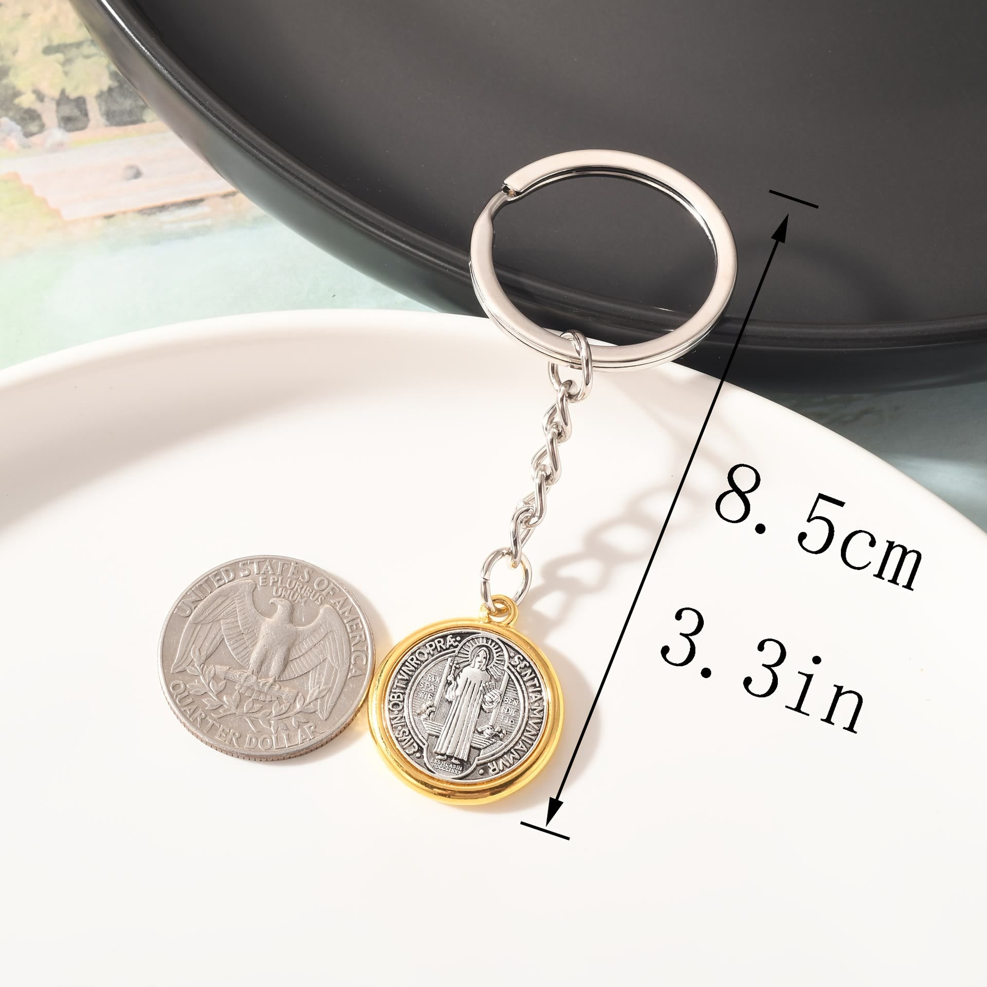 Christianartworkshop Classic Golden Edged St. Benedict Keychain with Intricate Patterns: Timeless Symbol of Spiritual Devotion