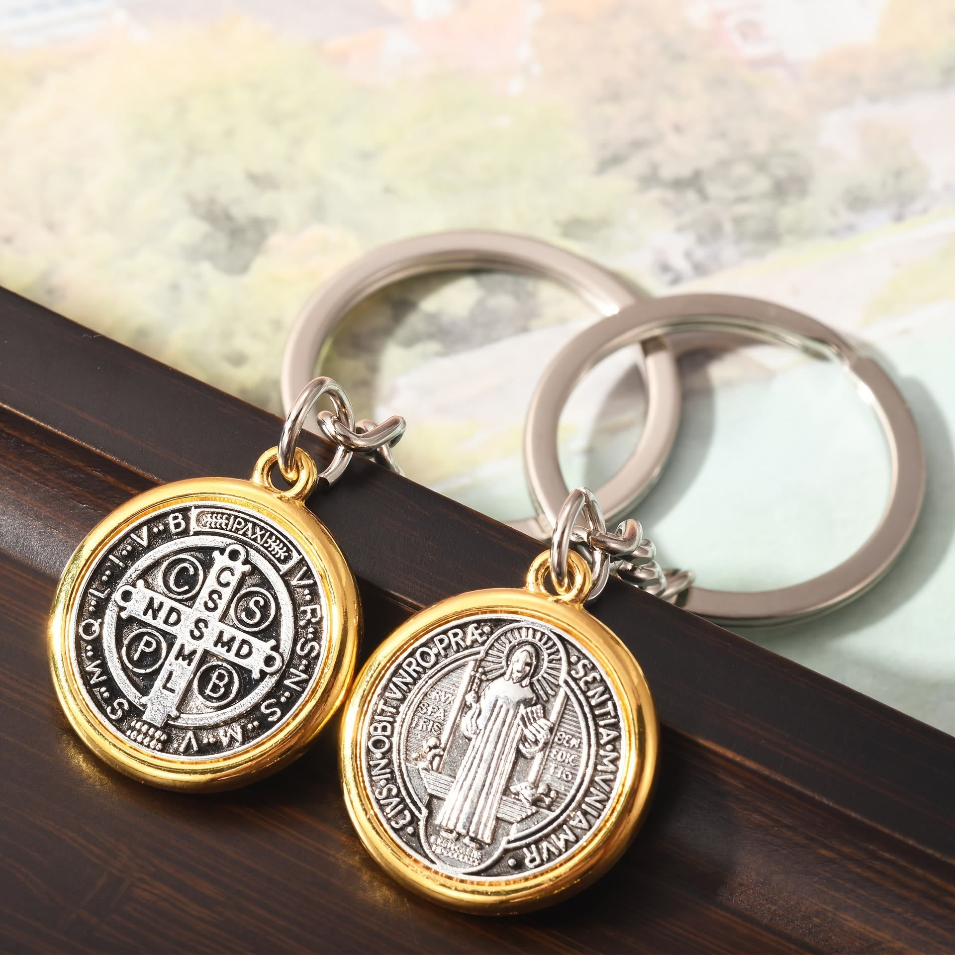 Christianartworkshop Classic Golden Edged St. Benedict Keychain with Intricate Patterns: Timeless Symbol of Spiritual Devotion