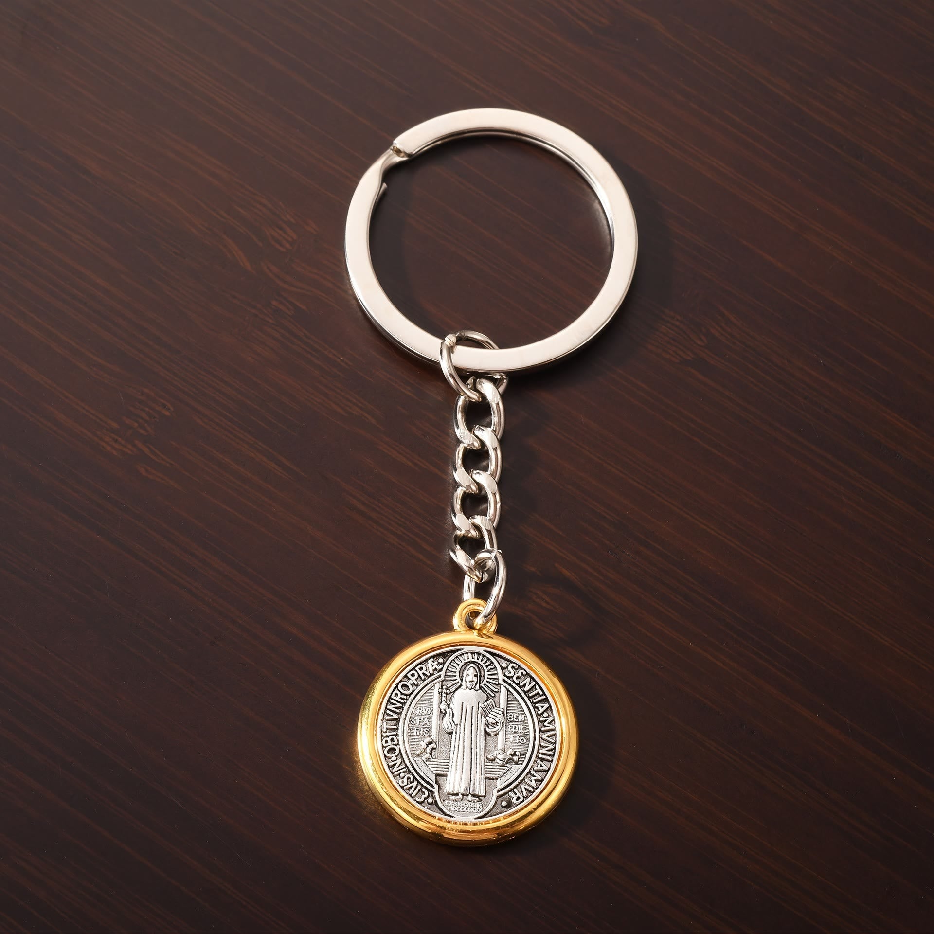 Christianartworkshop Classic Golden Edged St. Benedict Keychain with Intricate Patterns: Timeless Symbol of Spiritual Devotion