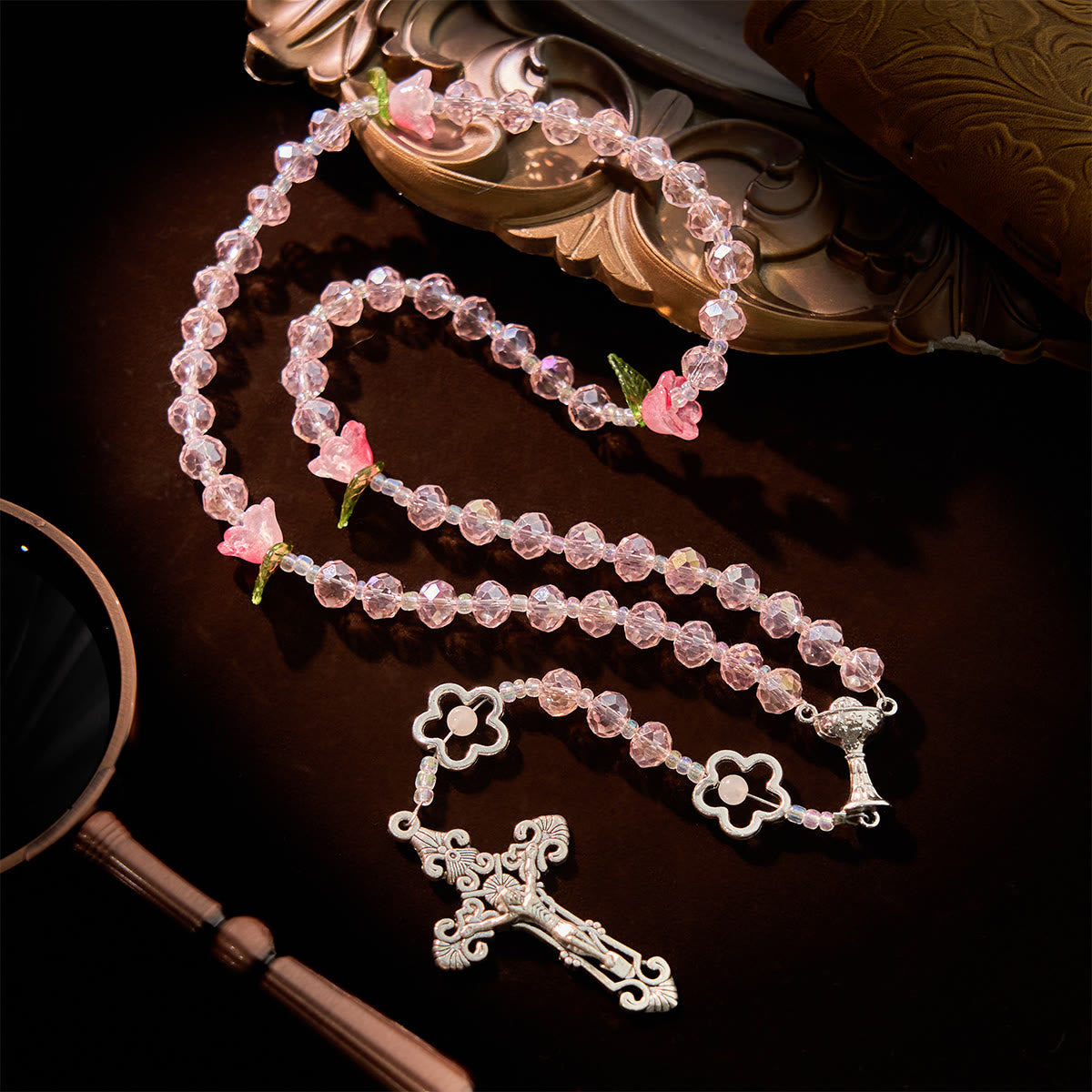 Christiandiscipleshop Elegant Pink Crystal Rosary with 3D Rose Beads, Silver Chalice Medal & Crucifix: Embrace Divine Grace