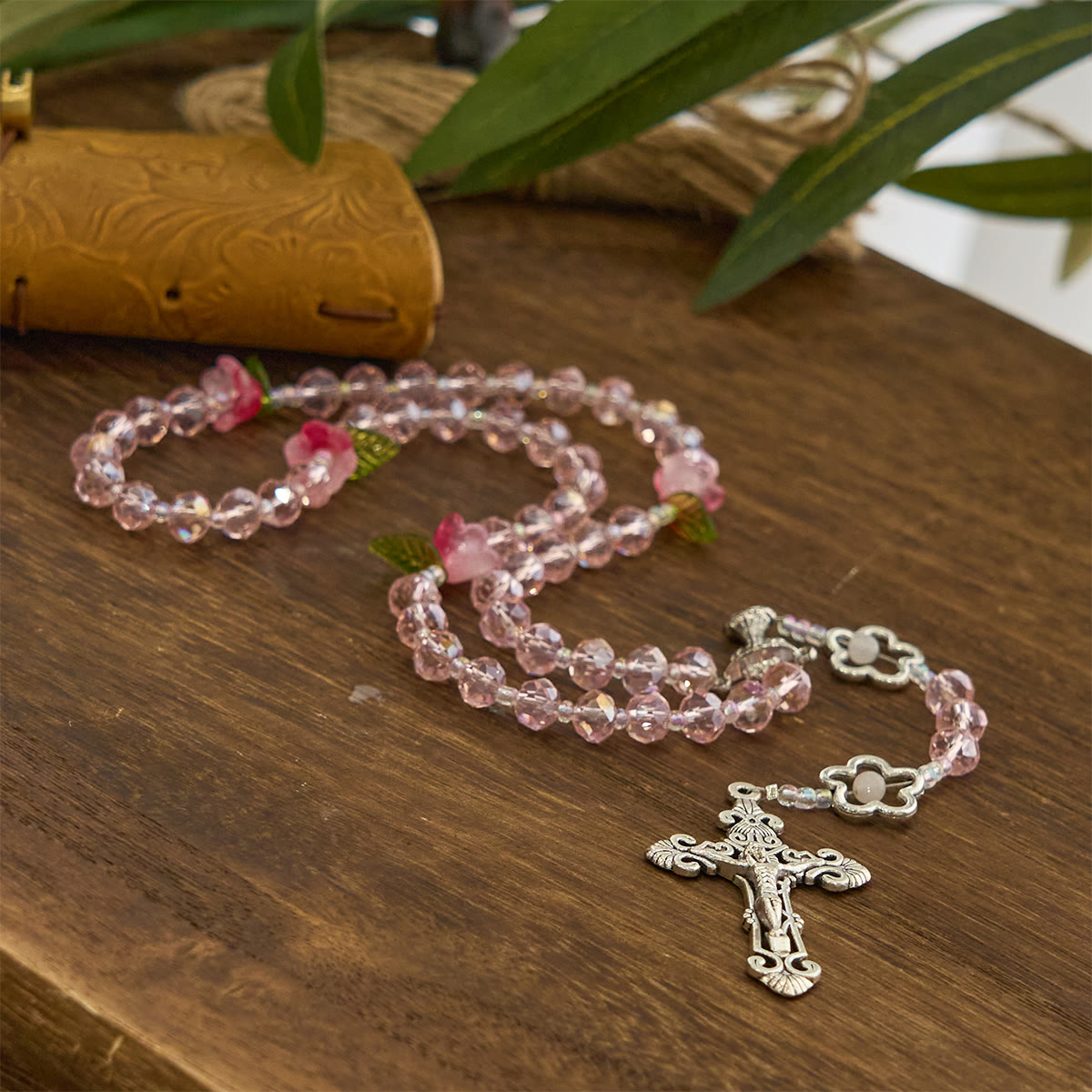 Christiandiscipleshop Elegant Pink Crystal Rosary with 3D Rose Beads, Silver Chalice Medal & Crucifix: Embrace Divine Grace