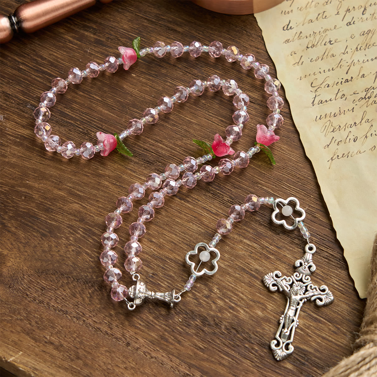 Christiandiscipleshop Elegant Pink Crystal Rosary with 3D Rose Beads, Silver Chalice Medal & Crucifix: Embrace Divine Grace