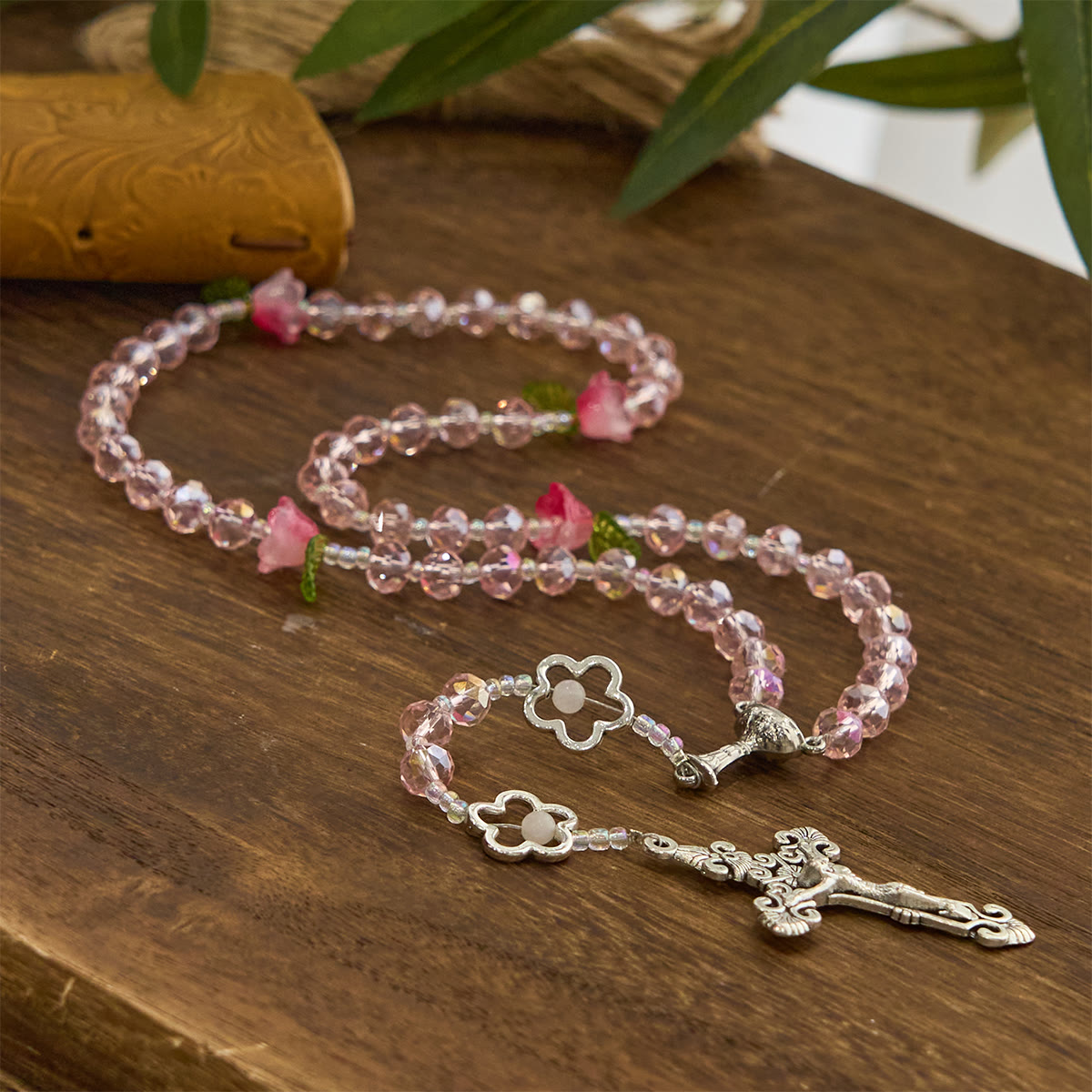 Christiandiscipleshop Elegant Pink Crystal Rosary with 3D Rose Beads, Silver Chalice Medal & Crucifix: Embrace Divine Grace