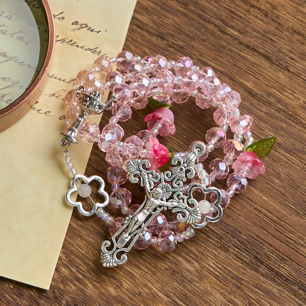 Christiandiscipleshop Elegant Pink Crystal Rosary with 3D Rose Beads, Silver Chalice Medal & Crucifix: Embrace Divine Grace