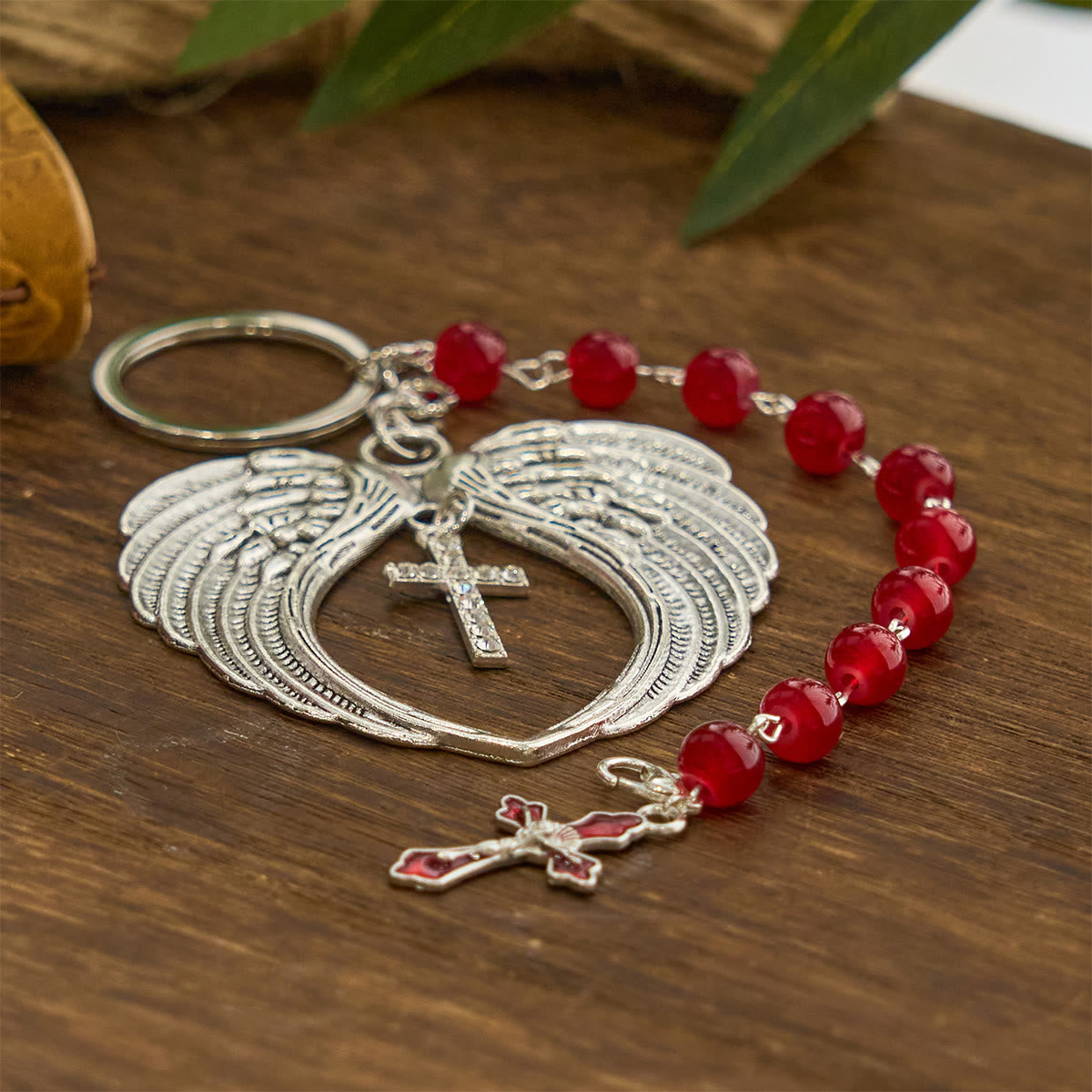 Christiandiscipleshop Dual-Use Red Agate Keychain & Pocket Rosary Adorned with Silver Angel Wing: Carry Divine Protection