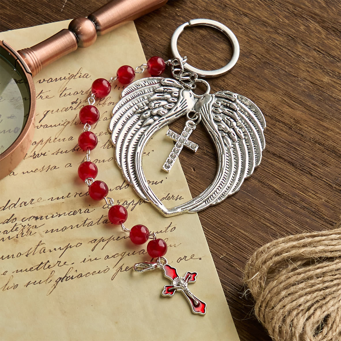 Christiandiscipleshop Dual-Use Red Agate Keychain & Pocket Rosary Adorned with Silver Angel Wing: Carry Divine Protection