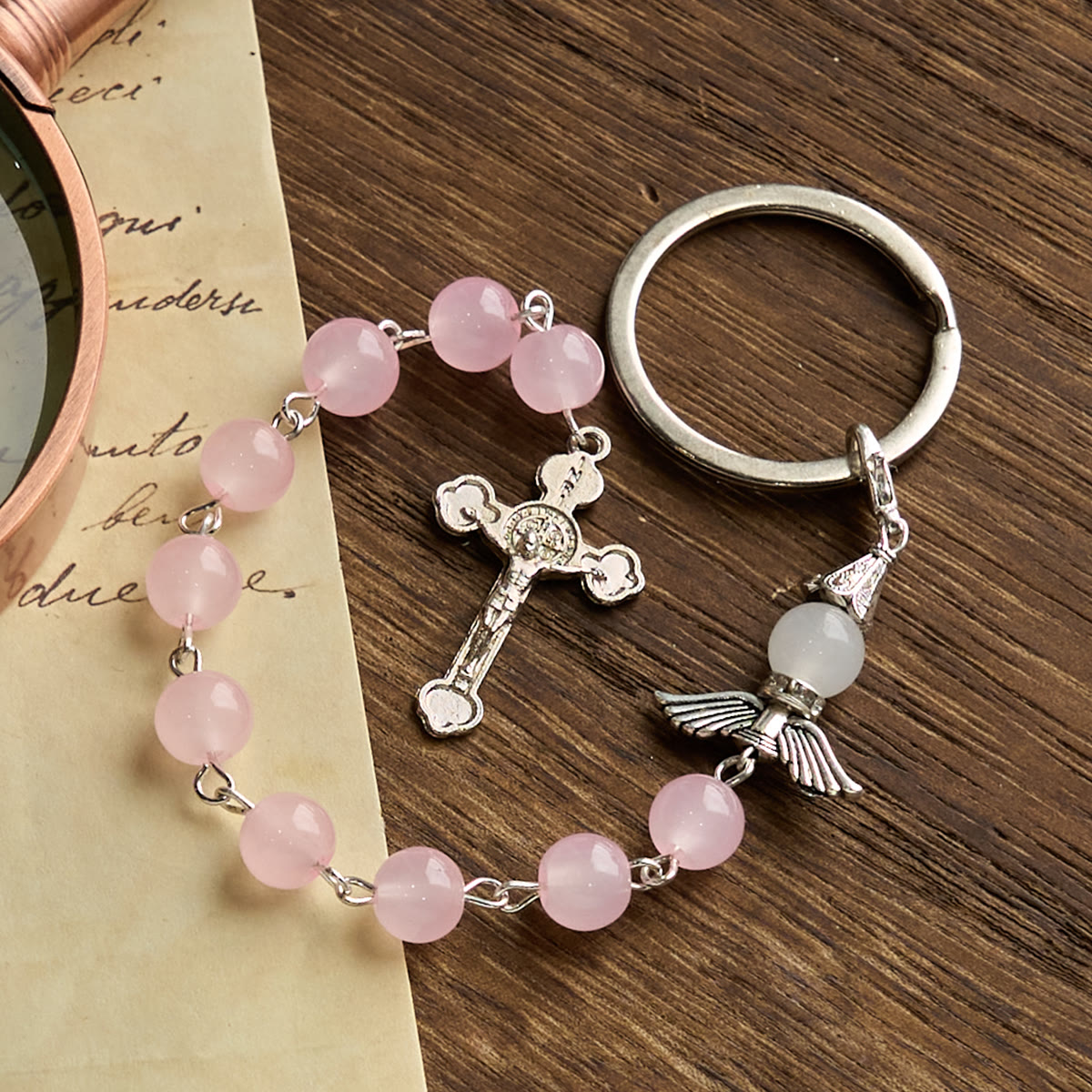 Christiandiscipleshop Multifunctional Tri-Color Gem Keychain & Pocket Rosary Blessed with Angle Wing