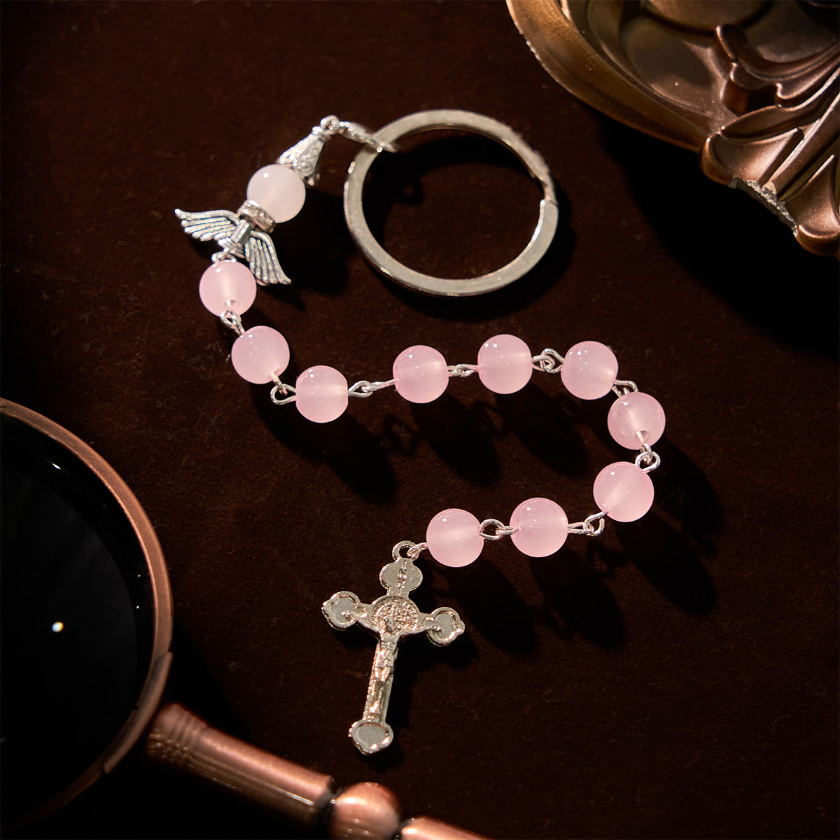 Christiandiscipleshop Multifunctional Tri-Color Gem Keychain & Pocket Rosary Blessed with Angle Wing