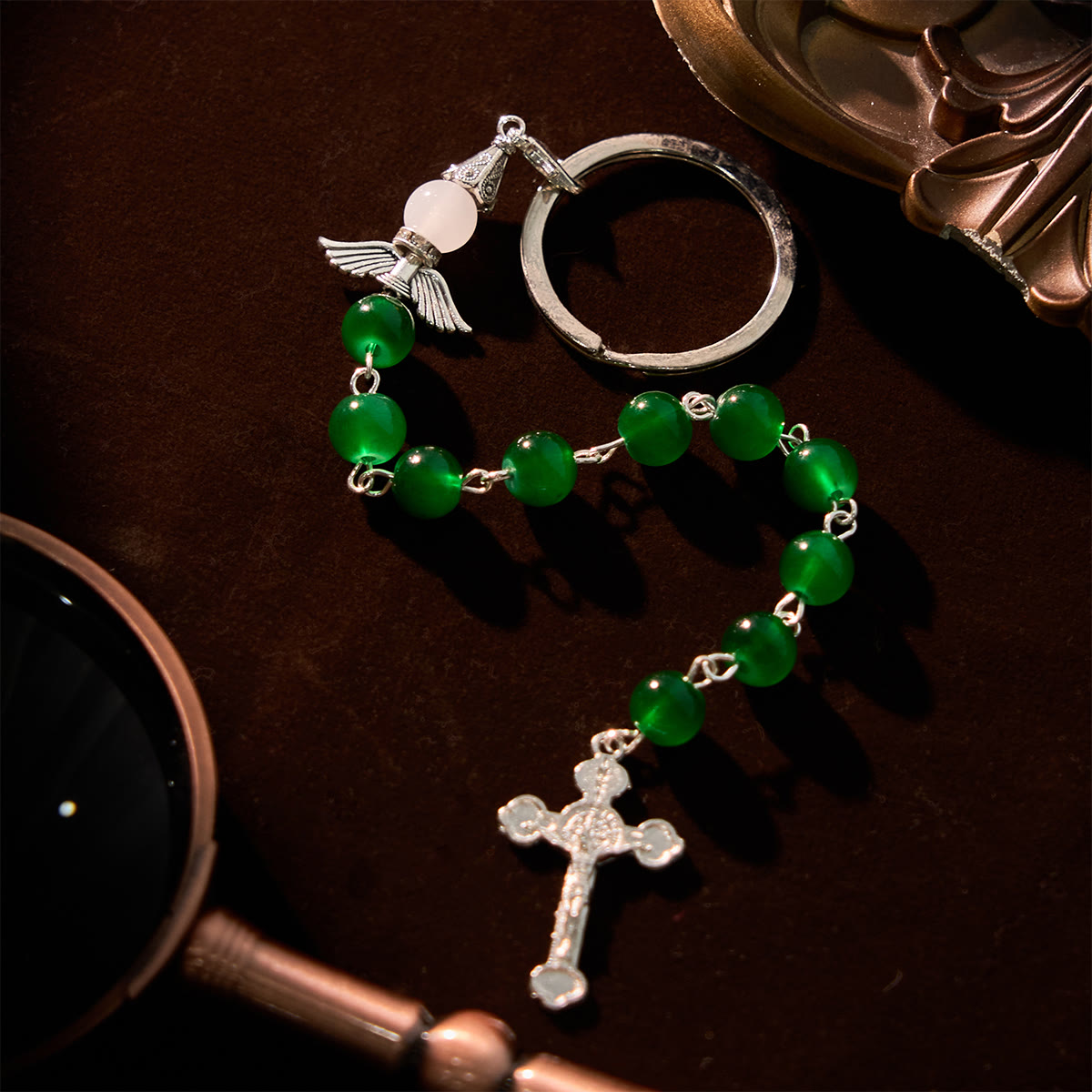 Christiandiscipleshop Multifunctional Tri-Color Gem Keychain & Pocket Rosary Blessed with Angle Wing