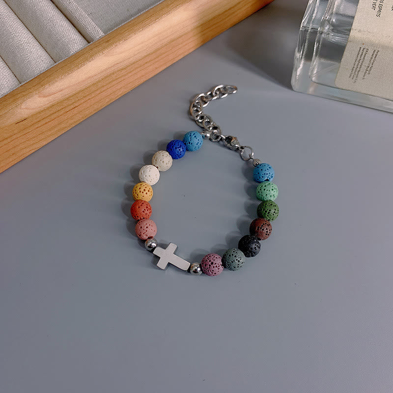 Christianartworkshop Minimalist Style Colored Volcanic Stone Beads Cross Bracelet