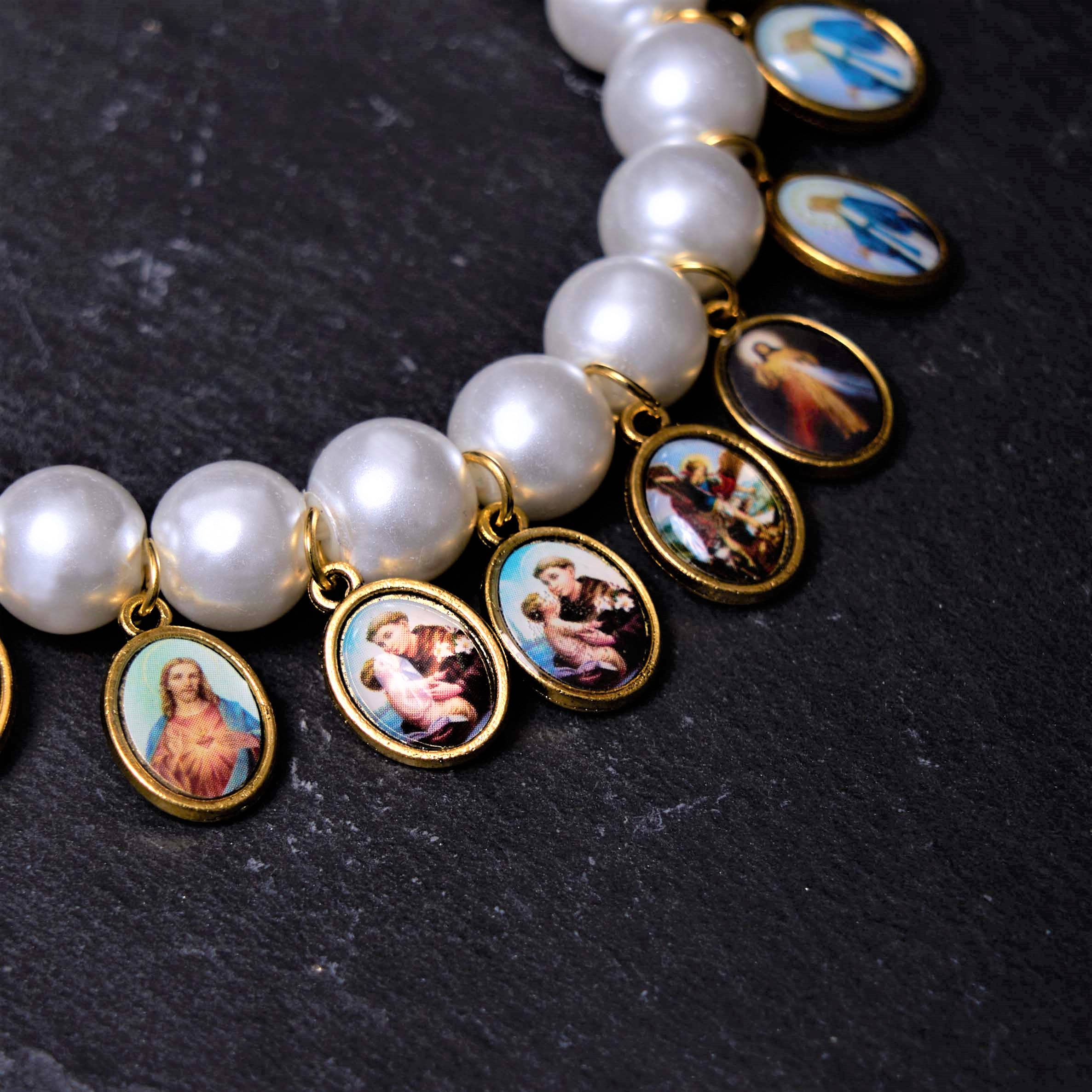 Christiandiscipleshop Retro Style Saint Jesus Mary Medals Cross Pearl Bracelet