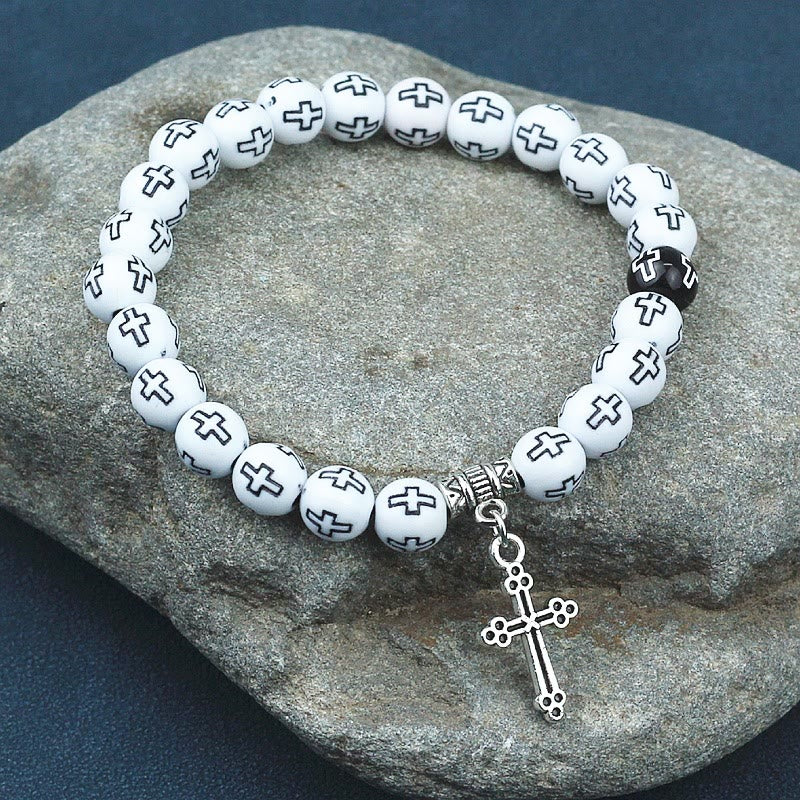 Christiandiscipleshop Cross Printed Black & White Bead Bracelet