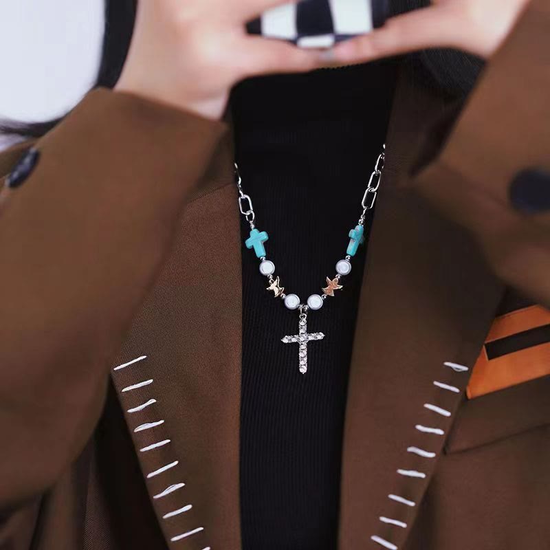 christiandiscipleshop Hand-Crafted Turquoise Zircon Cross Titanium Bracelet/Necklace