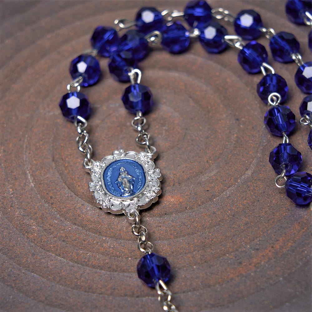 christiandiscipleshop Miraculous Medal & Cross of 8 mm Polyhedron Blue Crystal Alloy Chain Rosary