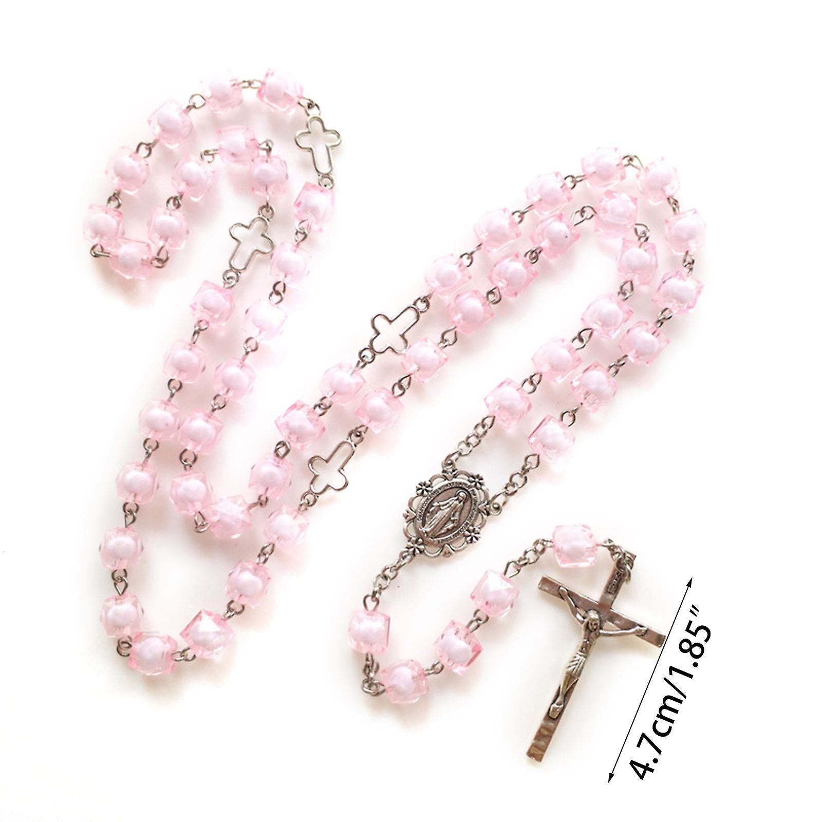 christiandiscipleshop Miraculous Medal & Crucifix of 8 mm Square Pink Acrylic Alloy Chain Rosary