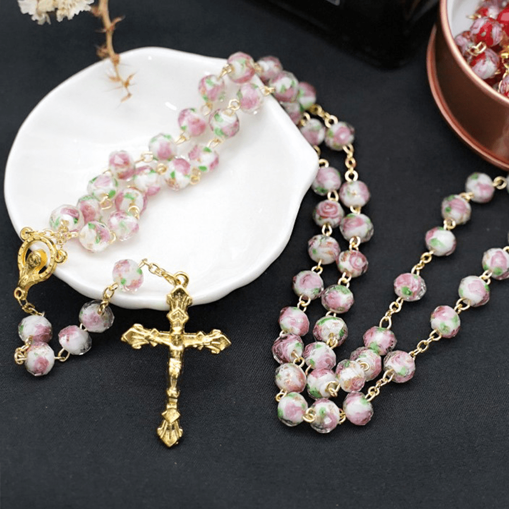 Christiandiscipleshop Flower Rose Glazed Beads Rosary with Mary & Crucifix