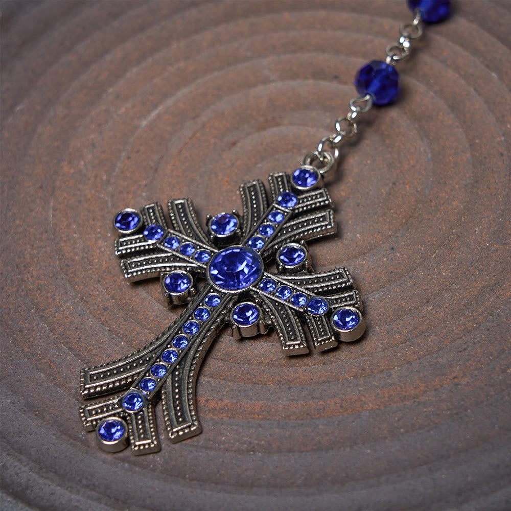 christiandiscipleshop Miraculous Medal & Cross of 8 mm Polyhedron Blue Crystal Alloy Chain Rosary