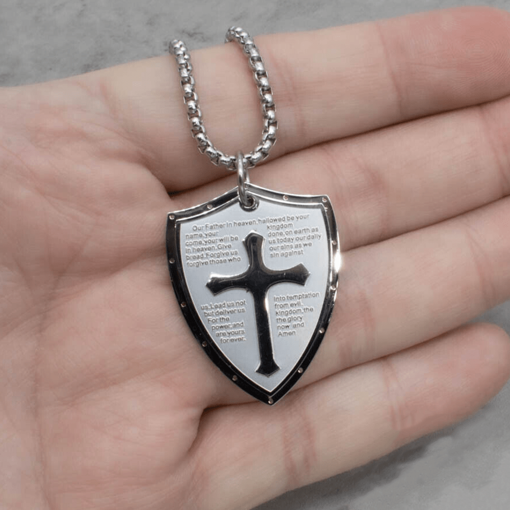 christiandiscipleshop Stainless Steel Lords Prayer Cross Shield Pendant Necklace