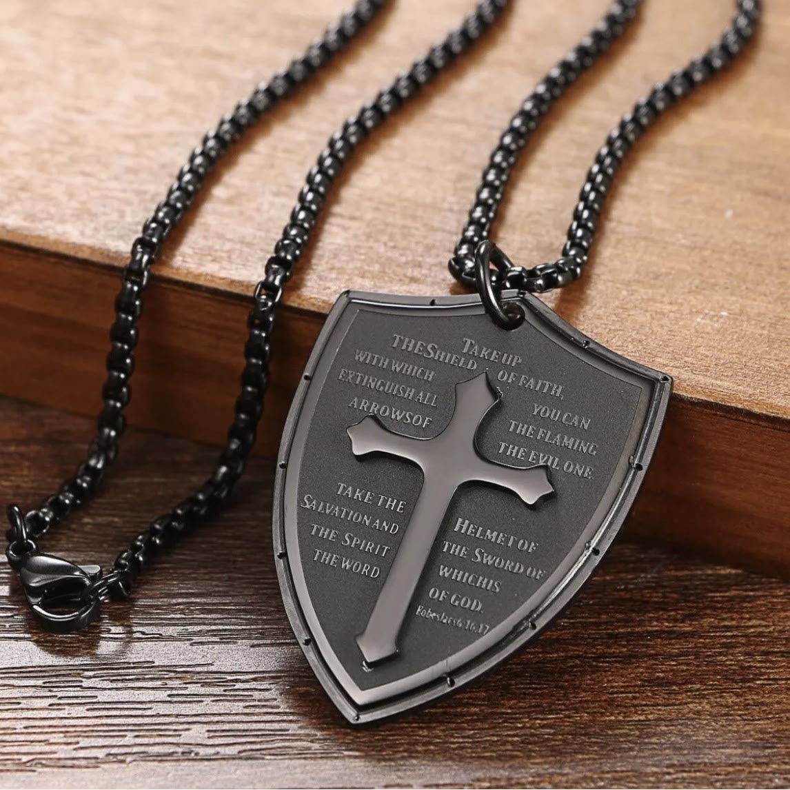 christiandiscipleshop Stainless Steel Lords Prayer Cross Shield Pendant Necklace