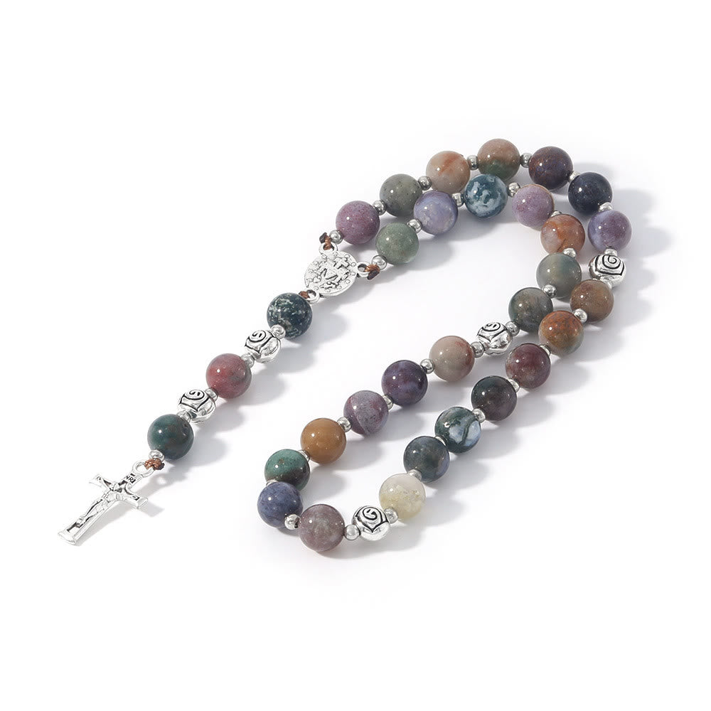 christiandiscipleshop Miraculous Medal & Crucifix of 8 mm Round Multicolor Stone Nylon Cord Rosary