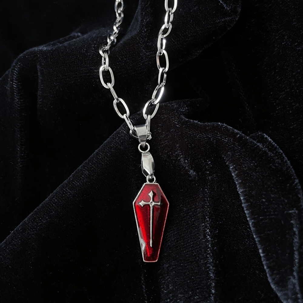 Christiandiscipleshop Gothic Style Red Enamel Halloween Vampire Coffin Cross Necklace