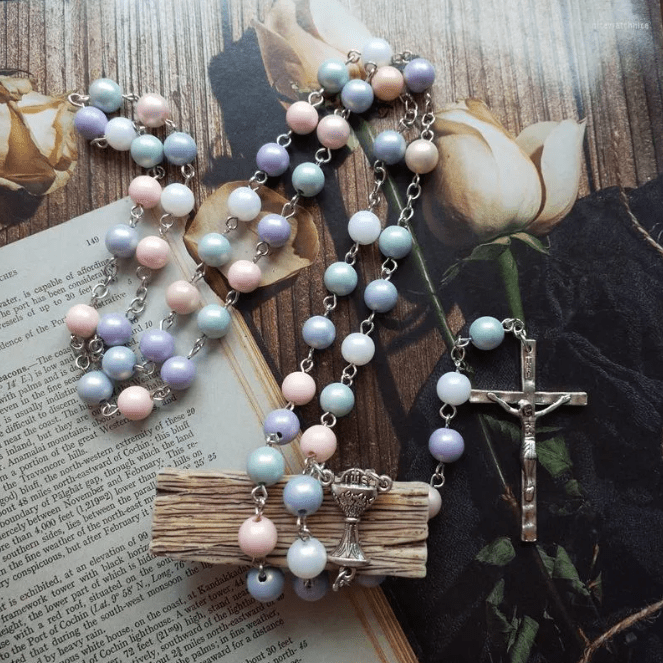 christiandiscipleshop Holy Grail & Crucifix of 8 mm Round Multicolor Acrylic Alloy Chain Rosary